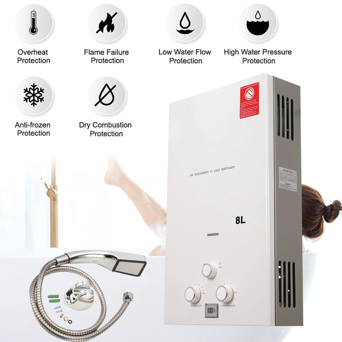 8L 16KW GPL Scaldabagno a Gas, Gas a Parete senza serbatoio Scaldabagno istantaneo,con kit doccia e Display a LED,con Modalità Inverno ed Estate,Per Casa, Camper ed Esterni,bianco