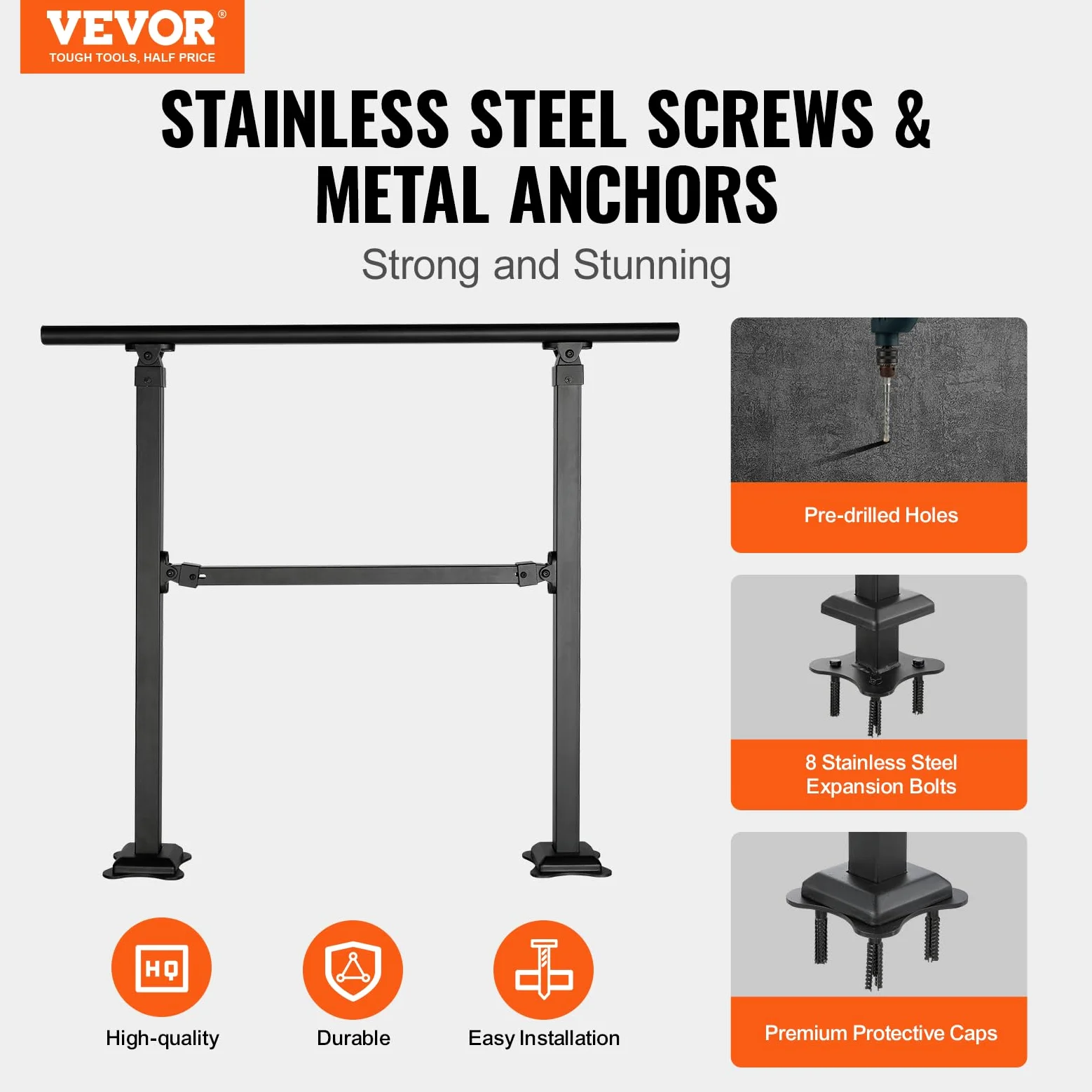 VEVOR Rampa Scala 914,4 mm Ringhiera Scala per 3 gradini a mano in acciaio al carbonio regolabile 50° carico 300 kg con kit di installazione per pavimenti in cemento legno piastrelle in ceramica
