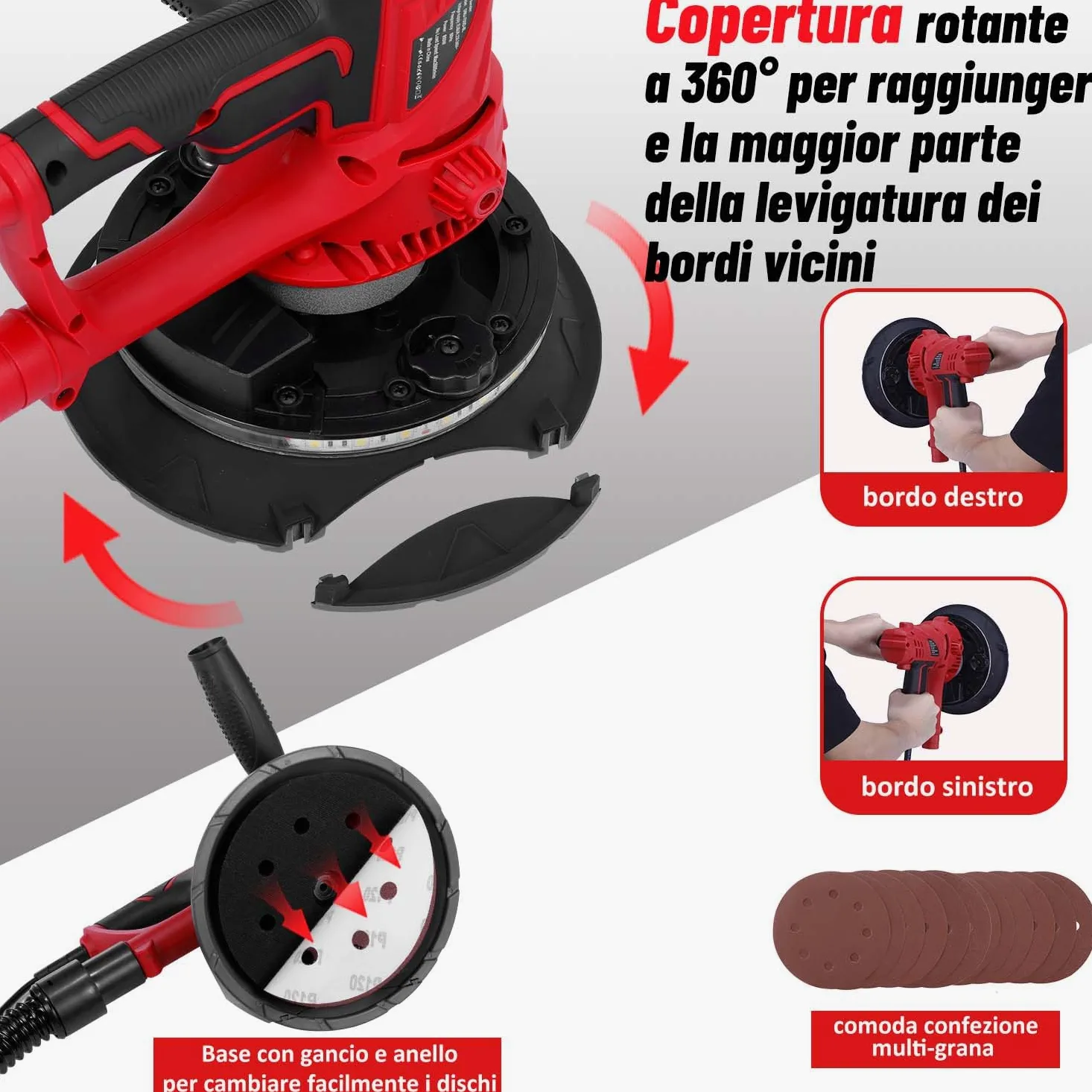 Geevorks Levigatrice per Muro, 850W Levigatrice a Secco Velocità Variabile 1500-2600 Giri al Minuto, Aspirazione Polvere Automatica con Luce a LED, Doppio Manico, Sacco di Raccolta e12 Dischi Abrasivi