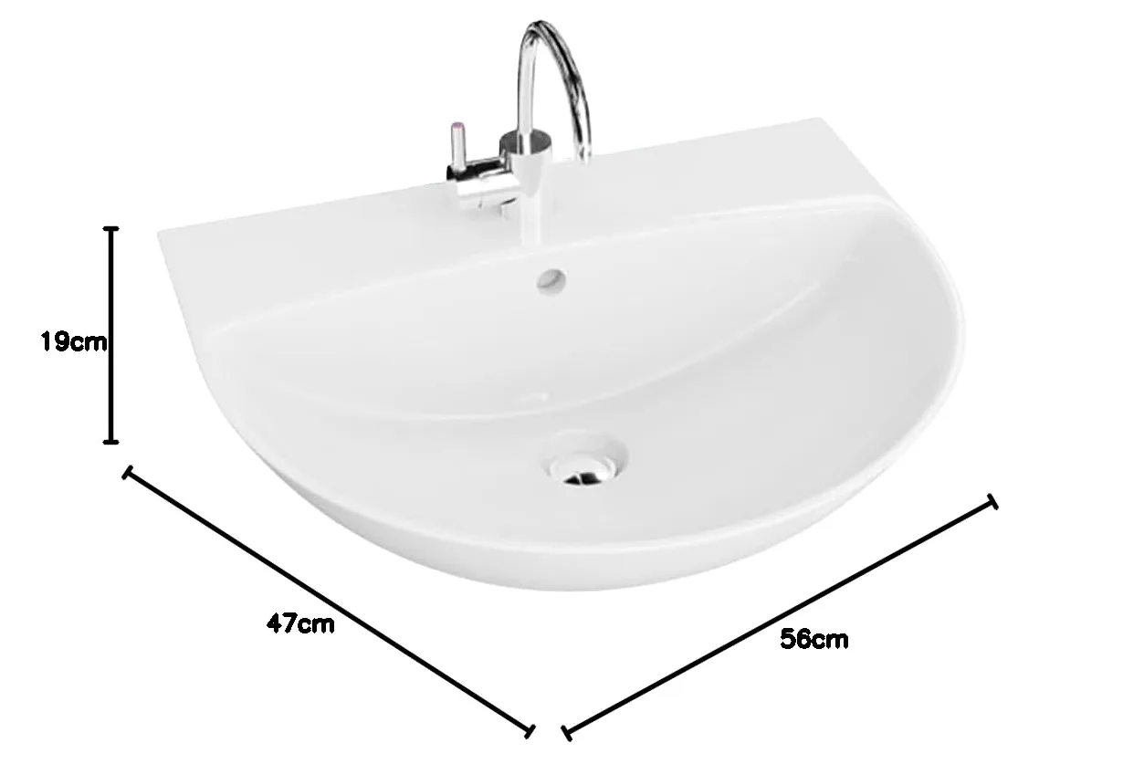 LAVITA Lavabo sospeso Corel, lavabo sospeso, lavabo rotondo, lavabo con troppopieno e foro per rubinetto, ceramica di alta qualità, bagno, 56 x 47 x 19 cm, bianco lucido