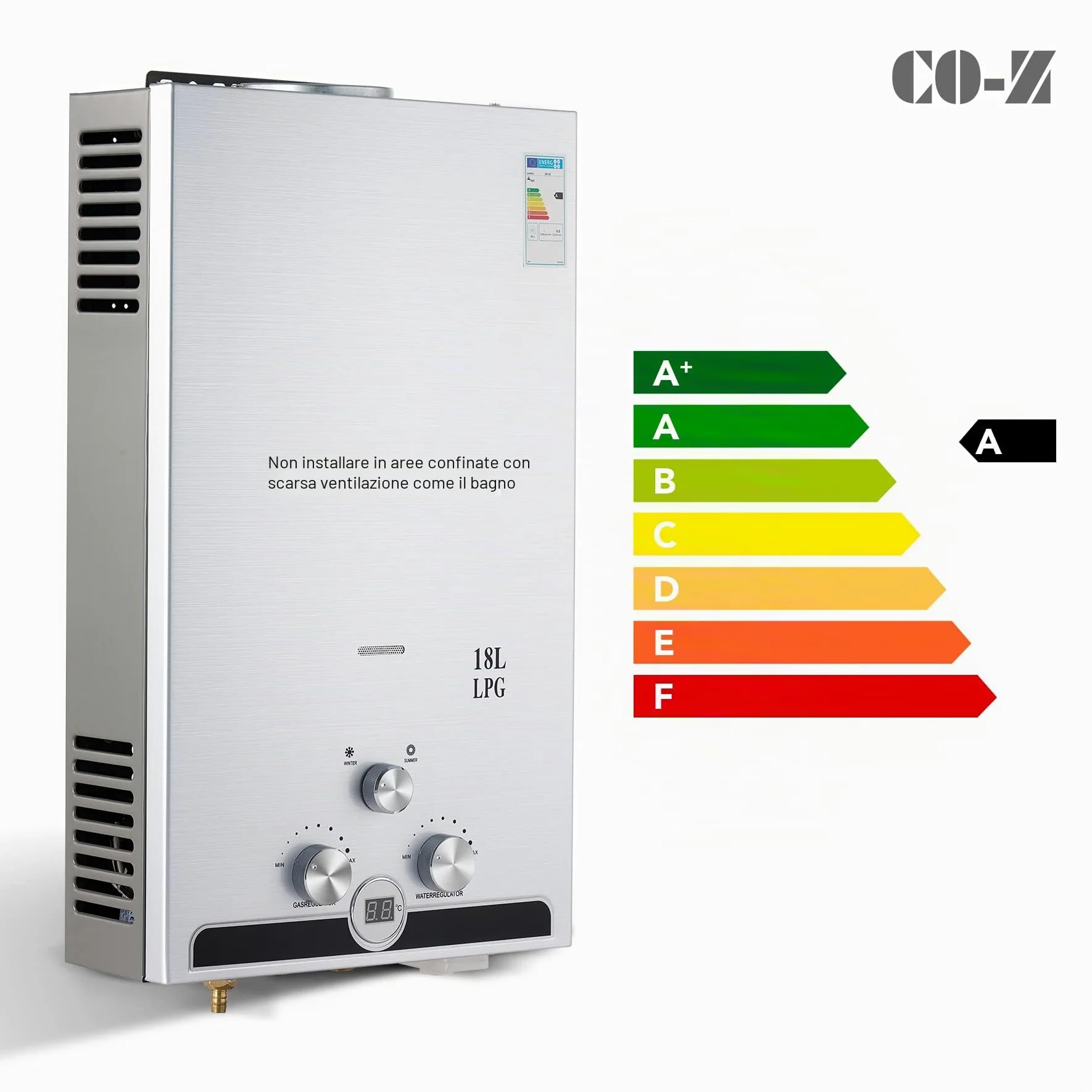 CO-Z Scaldabagno a Gas GPL 18L con Modalità Inverno ed Estate Caldaia a Gas GPL da 30.6 kW a Parete senza Serbatoio Scaldacqua Istantaneo Automatico con Anima in Rame e Display a LED (18L)