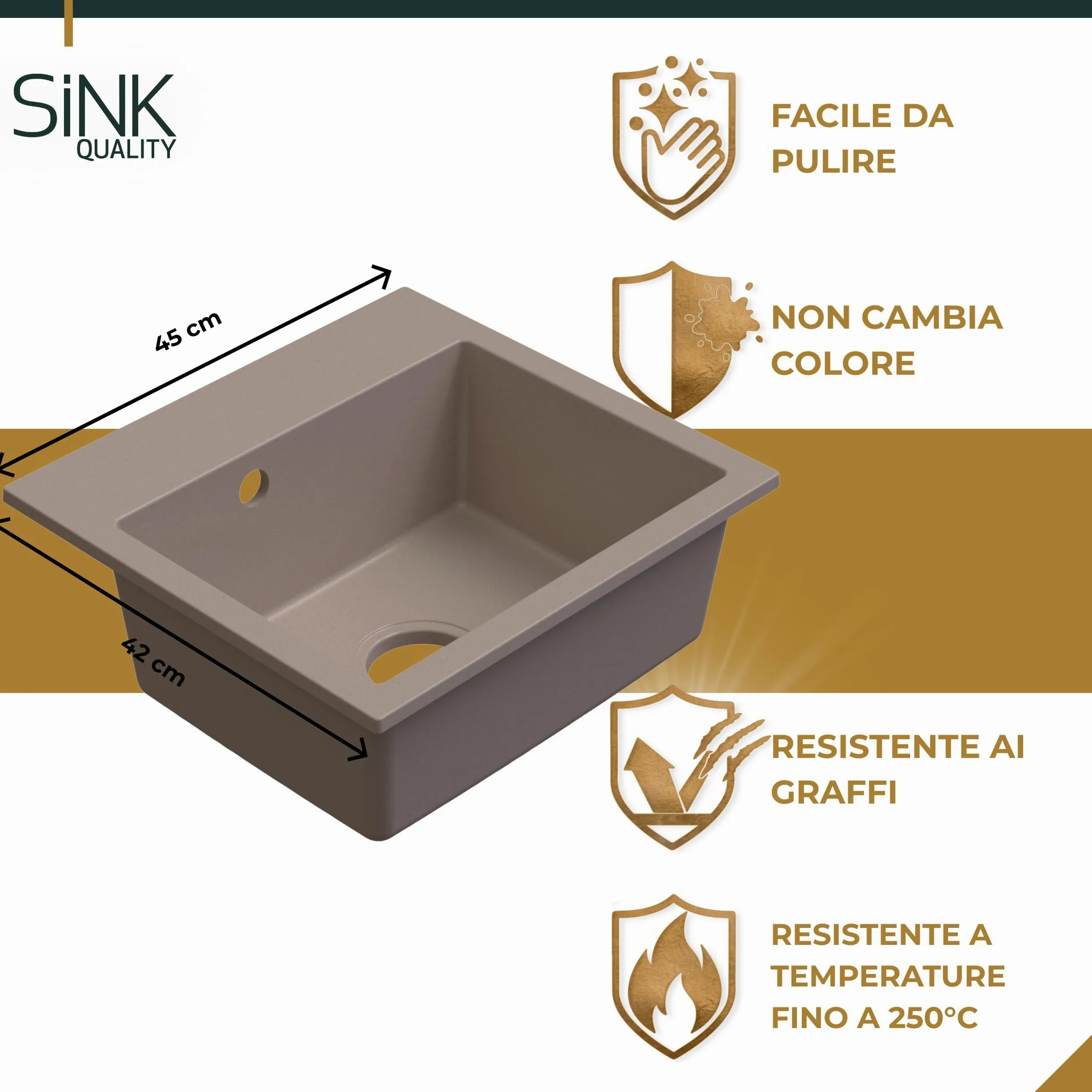 Lavello Sink Quality Beige con rubinetto, 45 × 42 cm, sifone e impregnazione, da incasso in granito, per mobiletto a partire da 45 cm