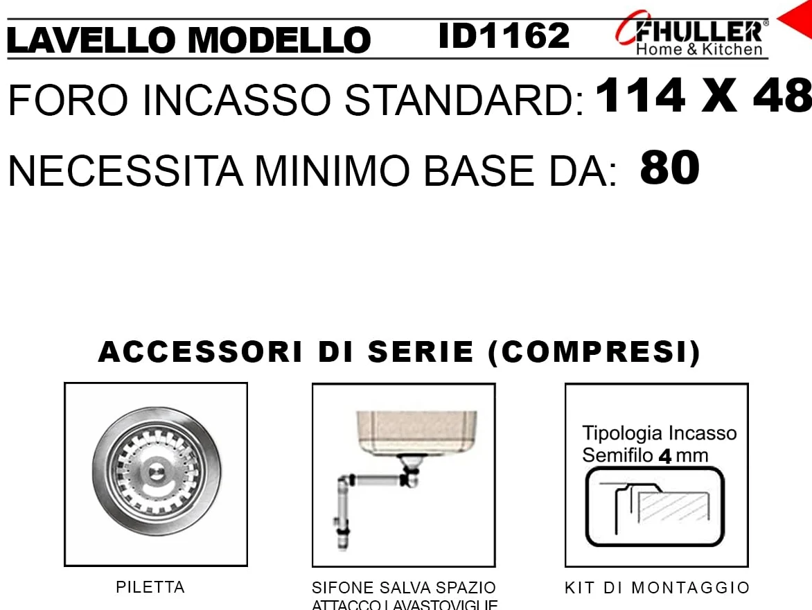 ID1162ILBC ● Lavello FHULLER Incasso Cucina IDEA 116Xx50 2 Vasche a Destra e Gocciolatoio Sinistra, Spessore Acciaio 7/10 Vasche Profonde H 18 Realizzato in Acciaio Inox Spazzolato Made in Italy