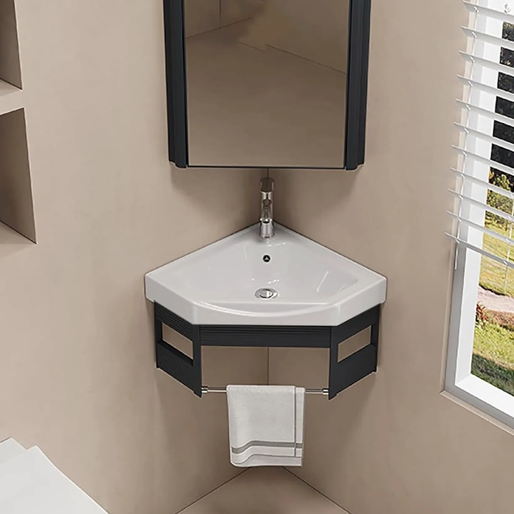 Lavello in ceramica Lavello da bagno a parete lavabo angolare, Lavabo ad angolo in ceramica per piccoli spazi, Lavandino bagno, per cucina, WC, bagno, caravan, bianco Nero-43 * 43
