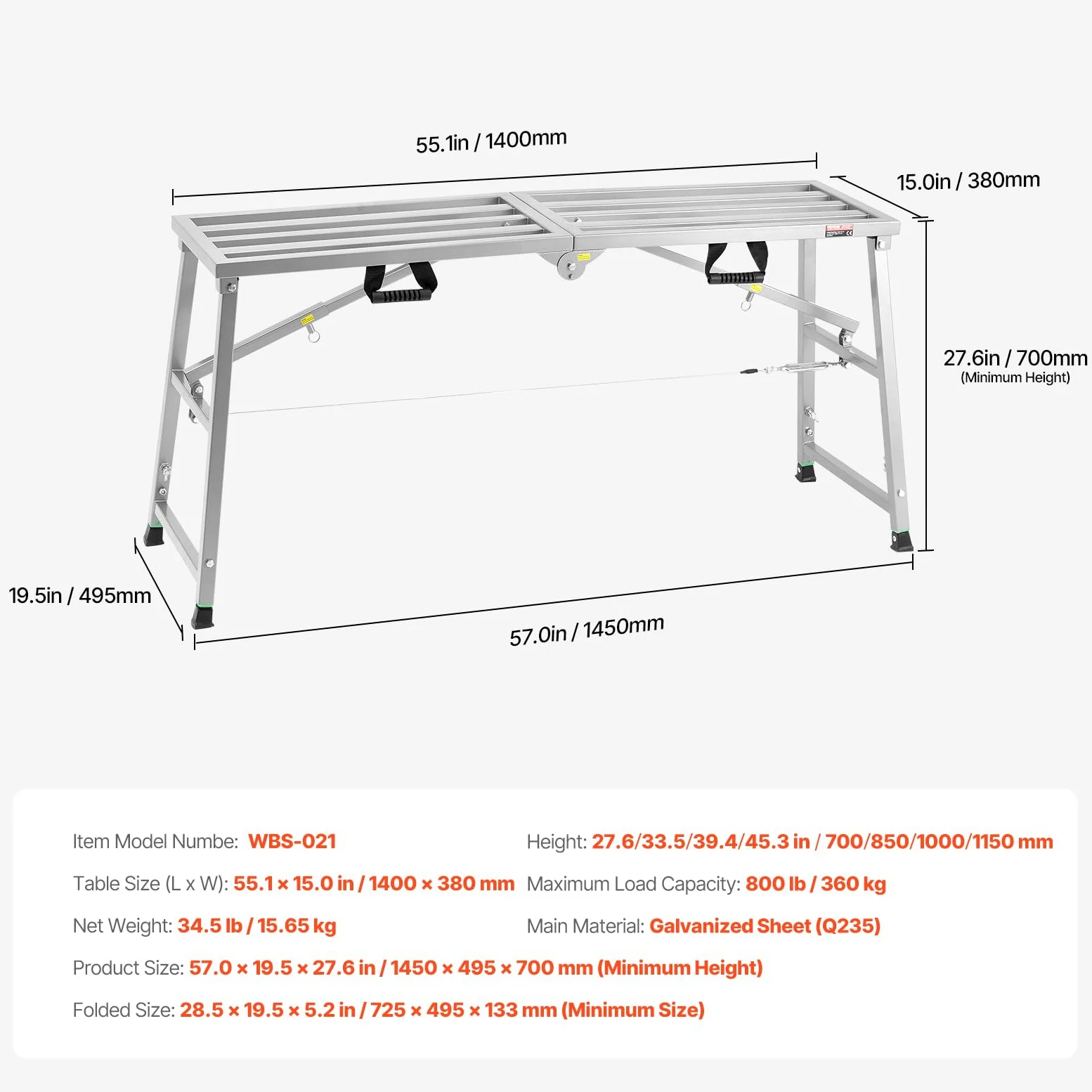 VEVOR Piattaforma di Lavoro, Altezza Regolabile a 4 Marce 1150 mm, Scala Pieghevole in Lega di Acciaio, Piattaforma per Ponteggi Capacità 360 kg, Piedini in Gomma Antiscivolo, per Pulizia Lavaggio