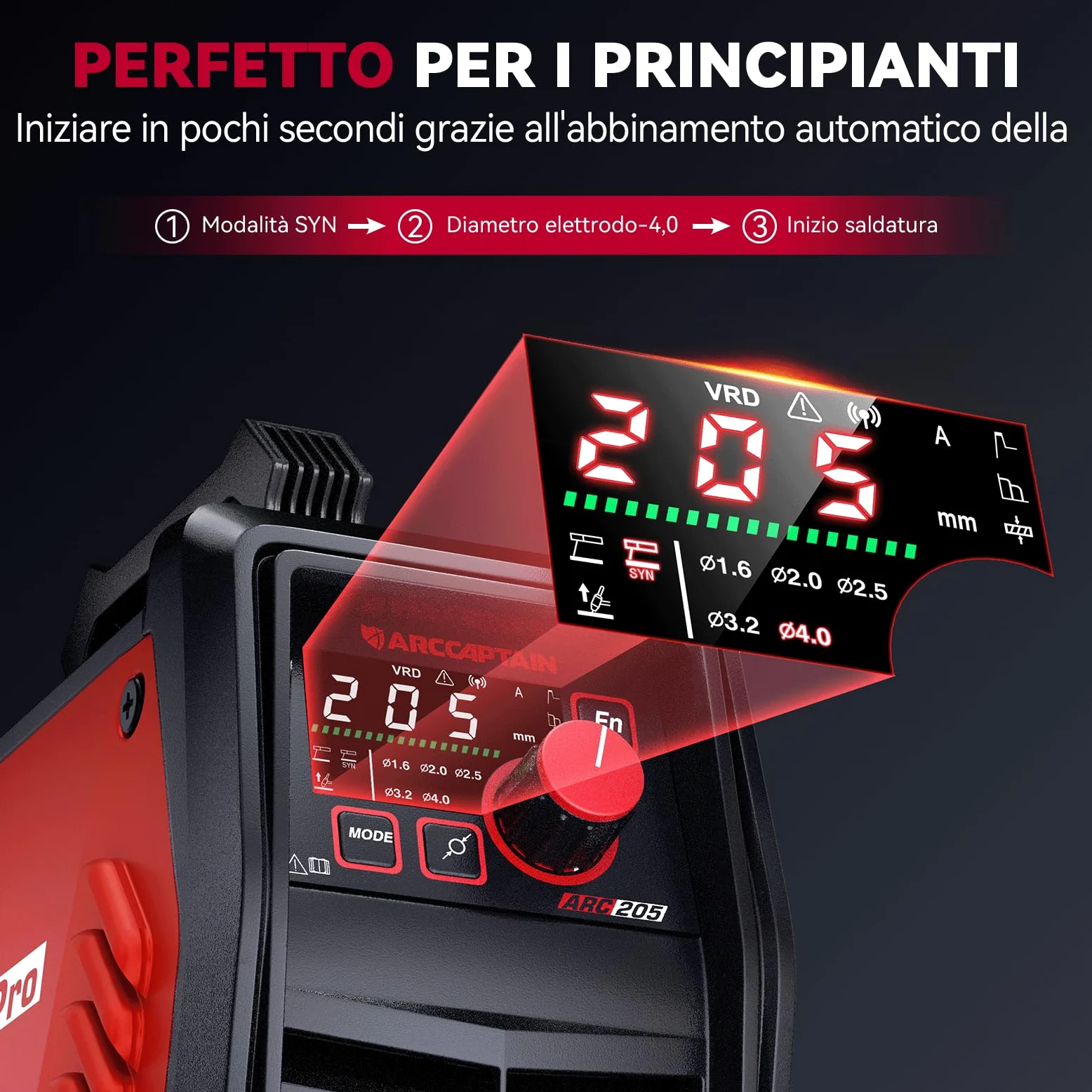 ARCCAPTAIN Saldatrice Elettrodo iControl ARC205 Pro [Controllo APP] 205Amp ARC/Lift TIG saldatrice, display a LED, IGBT Inverter 230V MMA saldatore con avvio a caldo, forza d'arco, e Anti-Stick