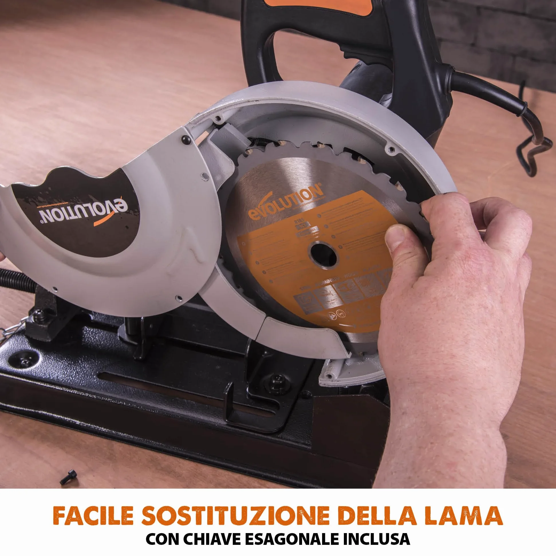 Evolution Power Tools Rage 4 Troncatrice a trazione - Multi-materiale per tagli su legno, metallo, plastica e molto altro, 185 mm, 230 V