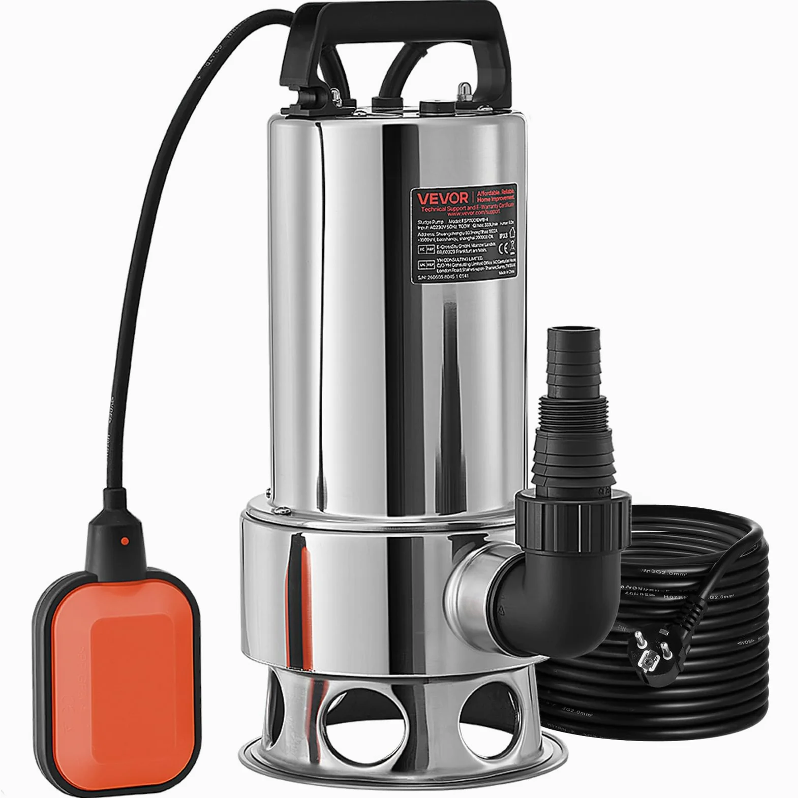VEVOR Pompa Sommersa Elettrica da Drenaggio per Acque Sporche 1300W da Giardino Laghi Pozzo, Elettropompa a Immersione per Drenaggio di Acque Sporche Nere Scure 10A 1300W per Piscina Giardino Pozzetto
