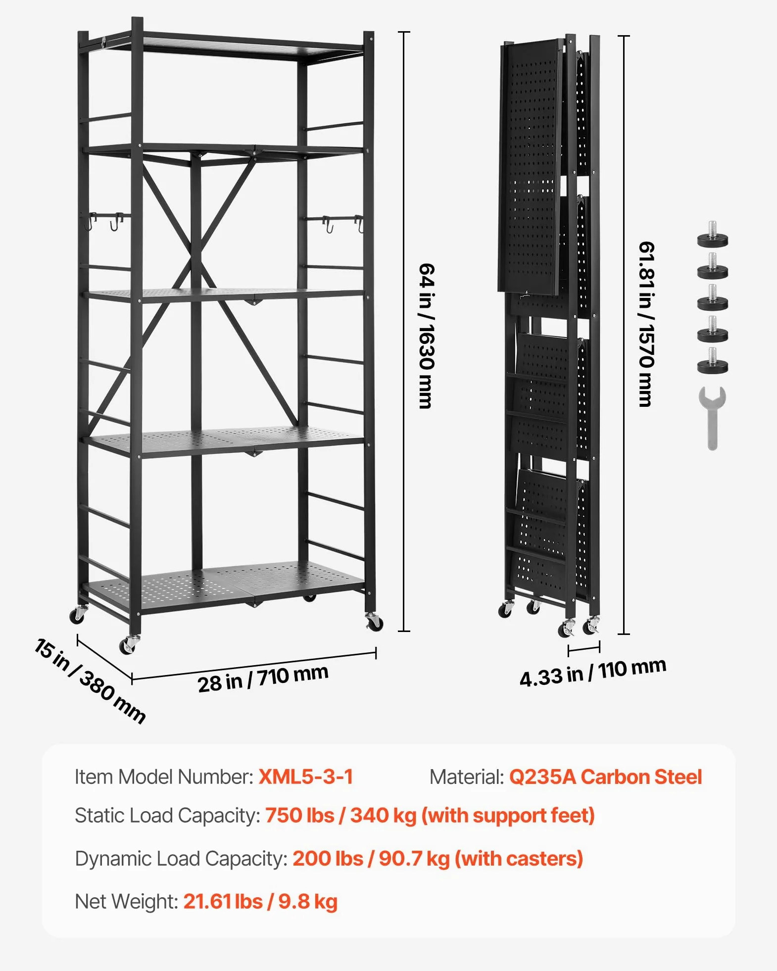 VEVOR Scaffale Portaoggetti Pieghevole a 5 Ripiani con Ruote, Scaffale in Metallo Pieghevole, Robusto Resistente Senza Montaggio, Ideale per Garage, Cucina, Cantina Nero 380 x 710 x 1630 mm