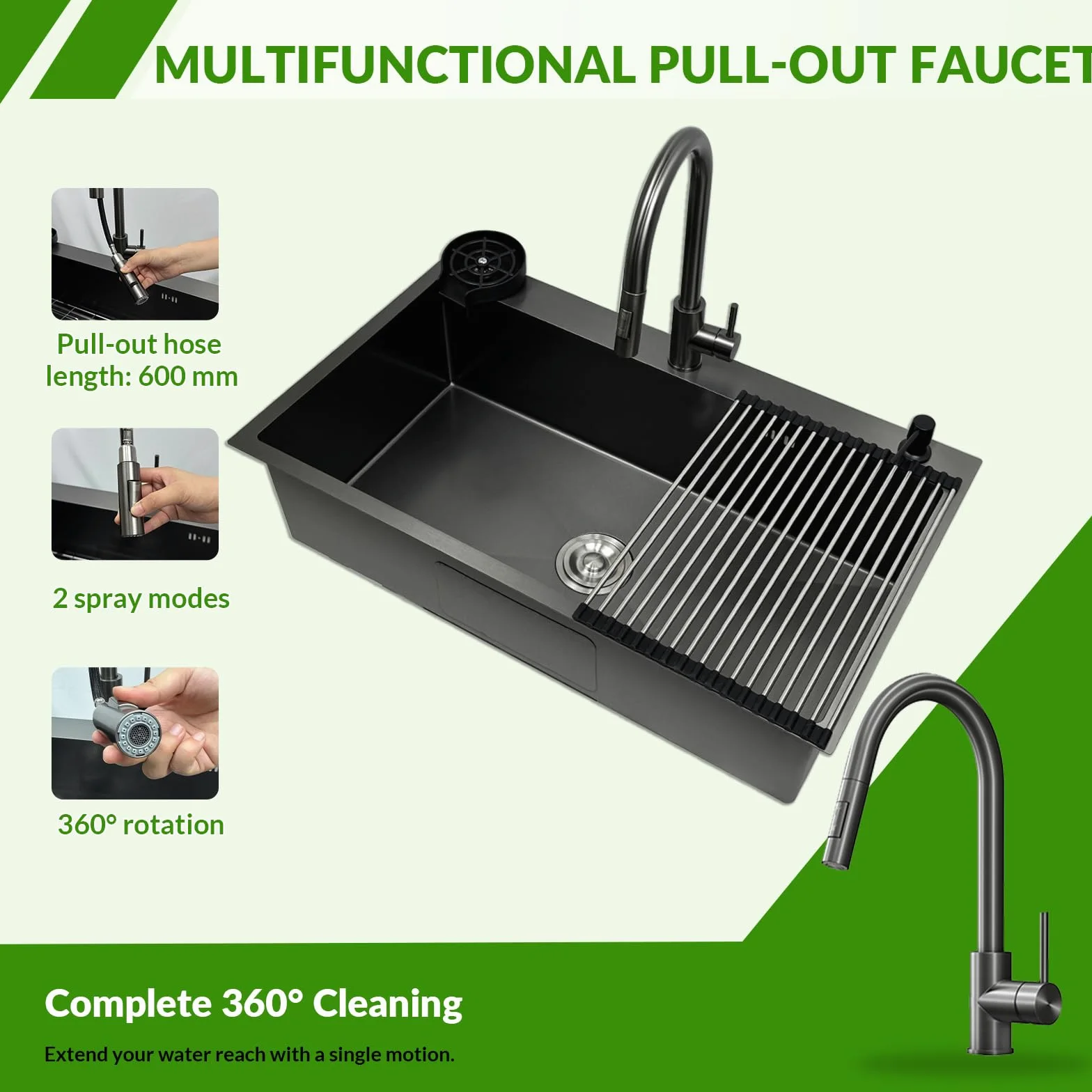 85x50cm Acciaio Inox Lavello Cucina 1 Vasca Grigio Nero, Con Griglia In Acciaio Inox Nano, Lavabo Cucina con 3 Fori Scolapiatti da Appoggio con Rubinetto, con Dispenser Sapone Da Appoggio