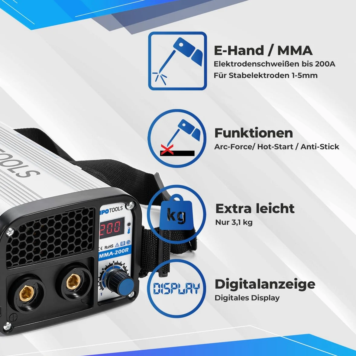 IPOTOOLS MMA-200R - Saldatrice a elettrodi IGBT MMA/E-Hand con display LCD da 200 Amper/230 V, anti-stick/hot star/Arc-Force/scudo di protezione