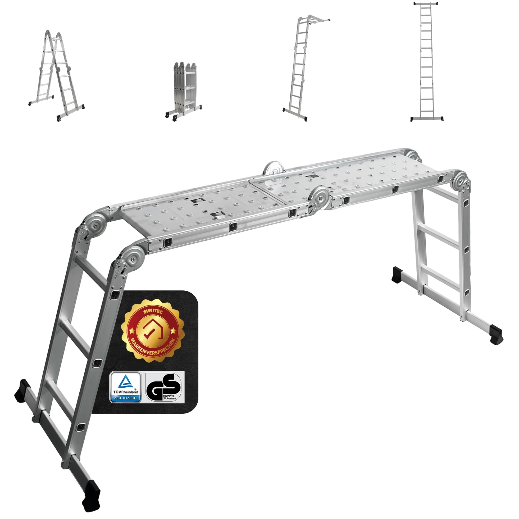 siwitec Scala multiuso 4 x 3 gradini, scala con 2 piastre di ponteggio, scala a pioli fino a 150 kg, scala in alluminio, scala domestica, 12 gradini, certificata TÜV/GS