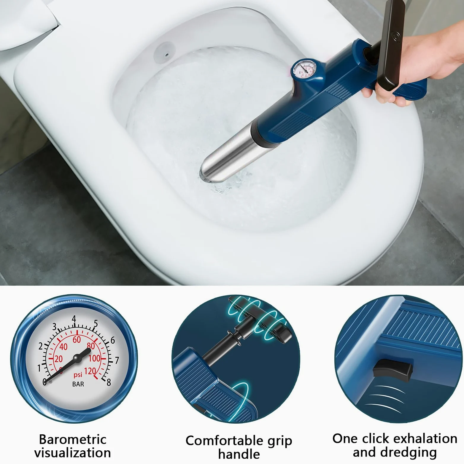 Stantuffo per WC Pulitore per Tubi, ad Aria Compressa ad Alta Pressione con Barometro 5 Adattatore in Gomma Sbloccatore di Scarico Macchina per la Pulizia dei Tubi per Bagno Cucina WC