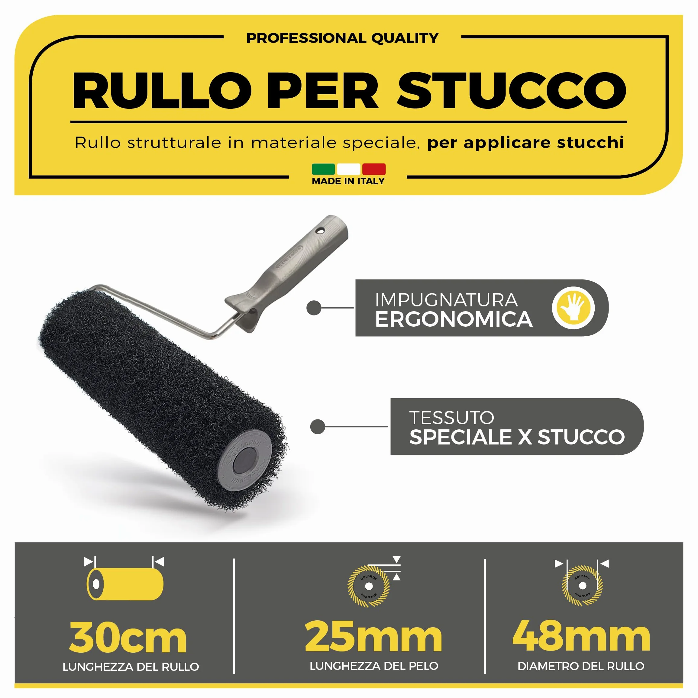 Boldrini Rullo Professionale per Stucco con Manico – 30cm – Made in Italy – Applicazione Stucco su Pareti e Soffitti – Alta Resistenza, Non Perde Peli