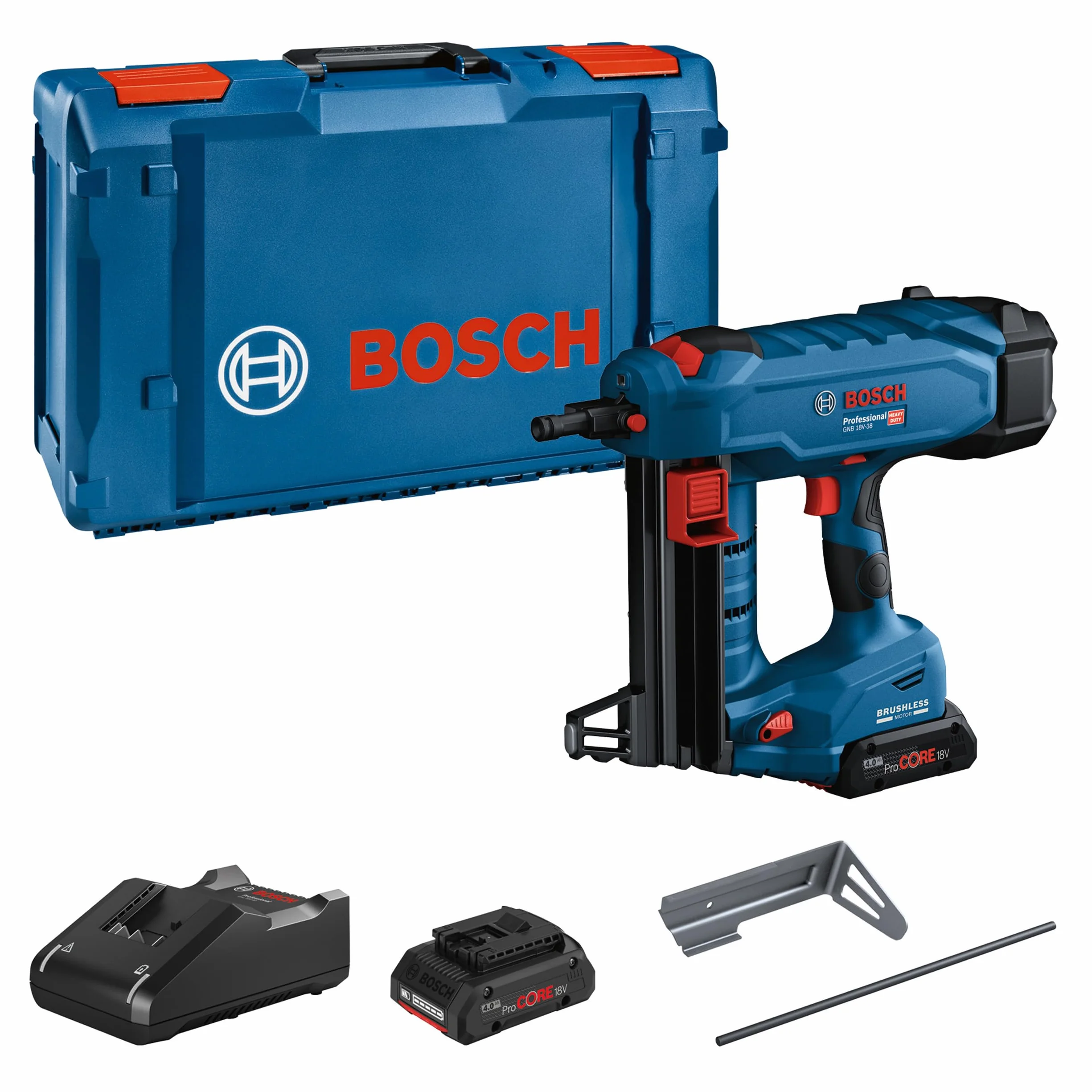 Bosch Professional 18V System Chiodatrice per calcestruzzo a batteria GNB 18V-38 (lunghezza chiodi 16-38 mm, incl. 2 ProCORE18V 4.0Ah, GAL 18V-40, perno espulsione, pratico gancio, inserto, XL-BOXX)