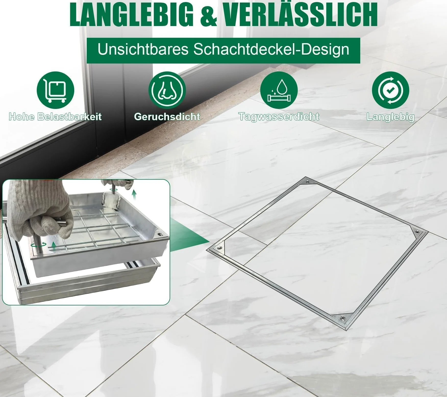 Copertura per pozzetti in alluminio, 400 x 400 x 55 mm, in alluminio, con cornice EN124 A15, coperchio quadrato per canali, coperchio invisibile per scene interne ed esterne