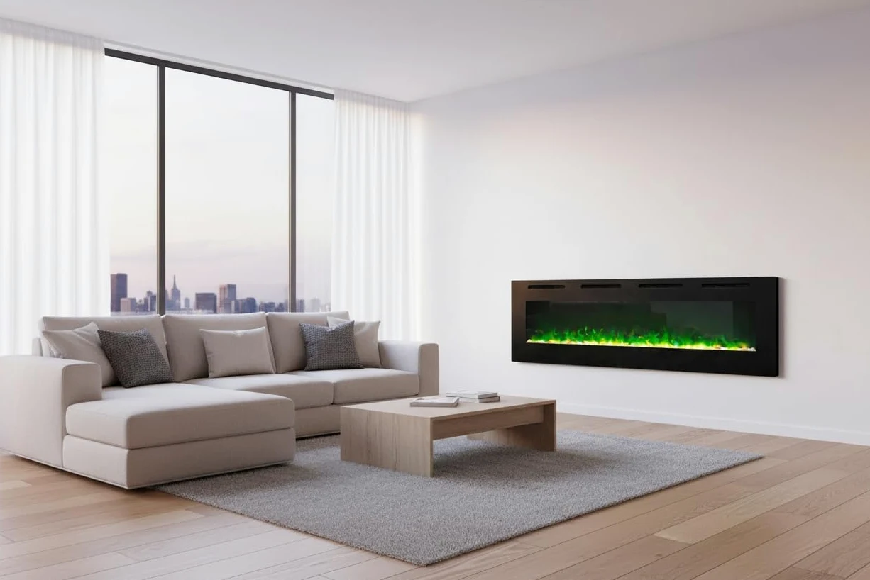 Camino Elettrico da Parete Weka Fireplace Wi-Fi, Ultrasottile, Profondo 7,5 cm, Vetro Temperato, Telecomando e Touch Screen, Riscaldatore da 750/1500 W, Effetto Fiamma Regolabile (127 cm WiFi New)