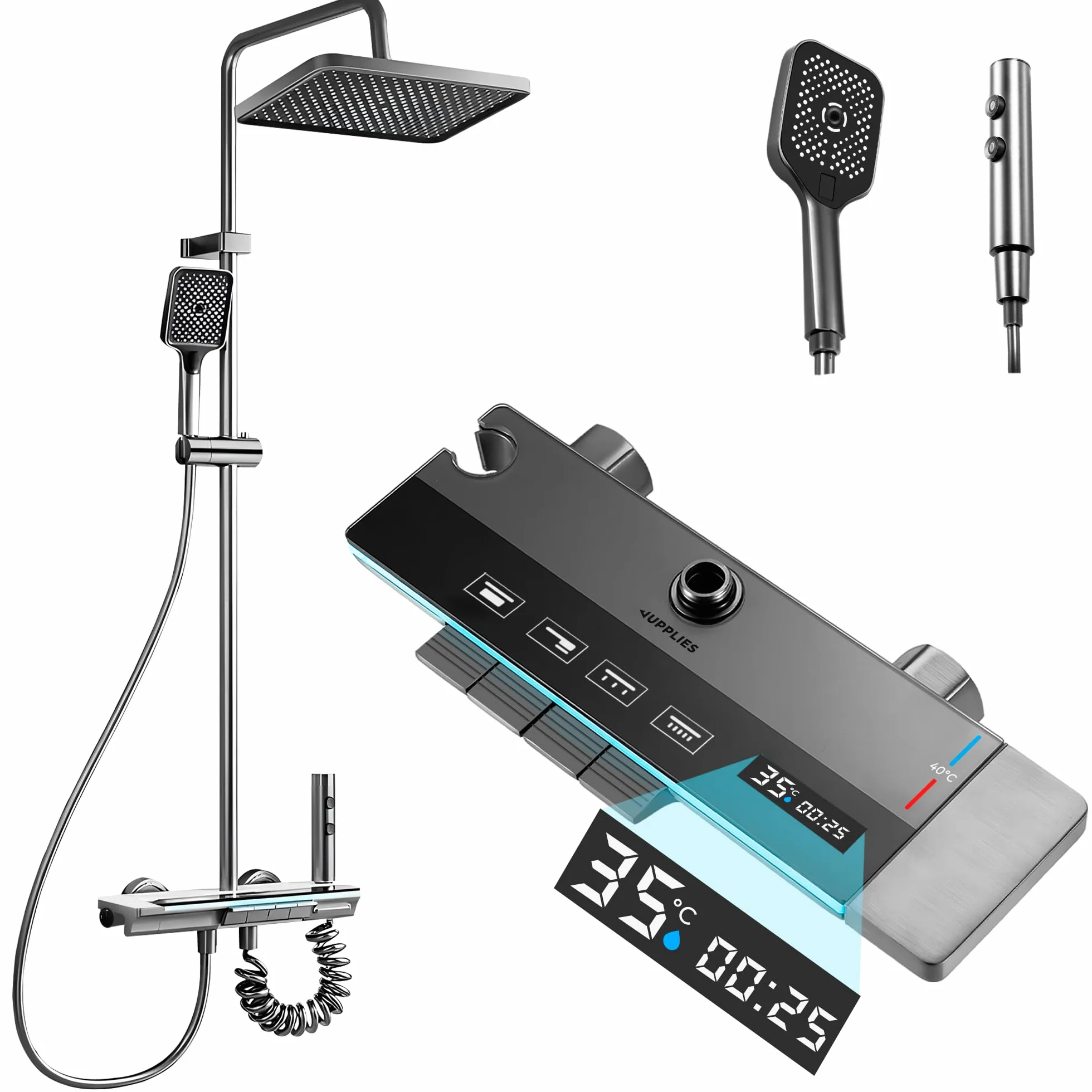 JUPPLIES Colonna Doccia Termostatica Nero Titanio 4 in 1 – Soffione Pioggia 25cm | Display LED | Miscelatore Ceramica | Doccetta + Cascata Vasca | Kit Doccia Completo Nero Opaco