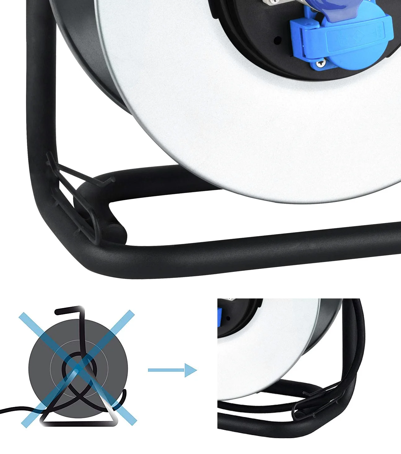 Electraline 49057 Avvolgicavo, Avvolgi-Prolunghe senza cavo in metallo antiruggine per uso Professionale, Con 2 prese Schuko + 1 industriale IEC. Maniglia eronomica + Pomello rotante