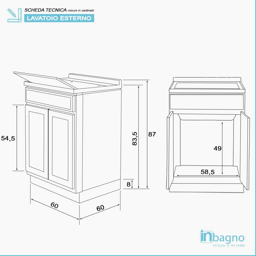 Mobile lavatoio in Resina, ideale per esterni e interni, 45x50-50x50-45x60-60x50-60x60, COMPLETO di asse lavaggio e kit sifone + piletta (60x60)