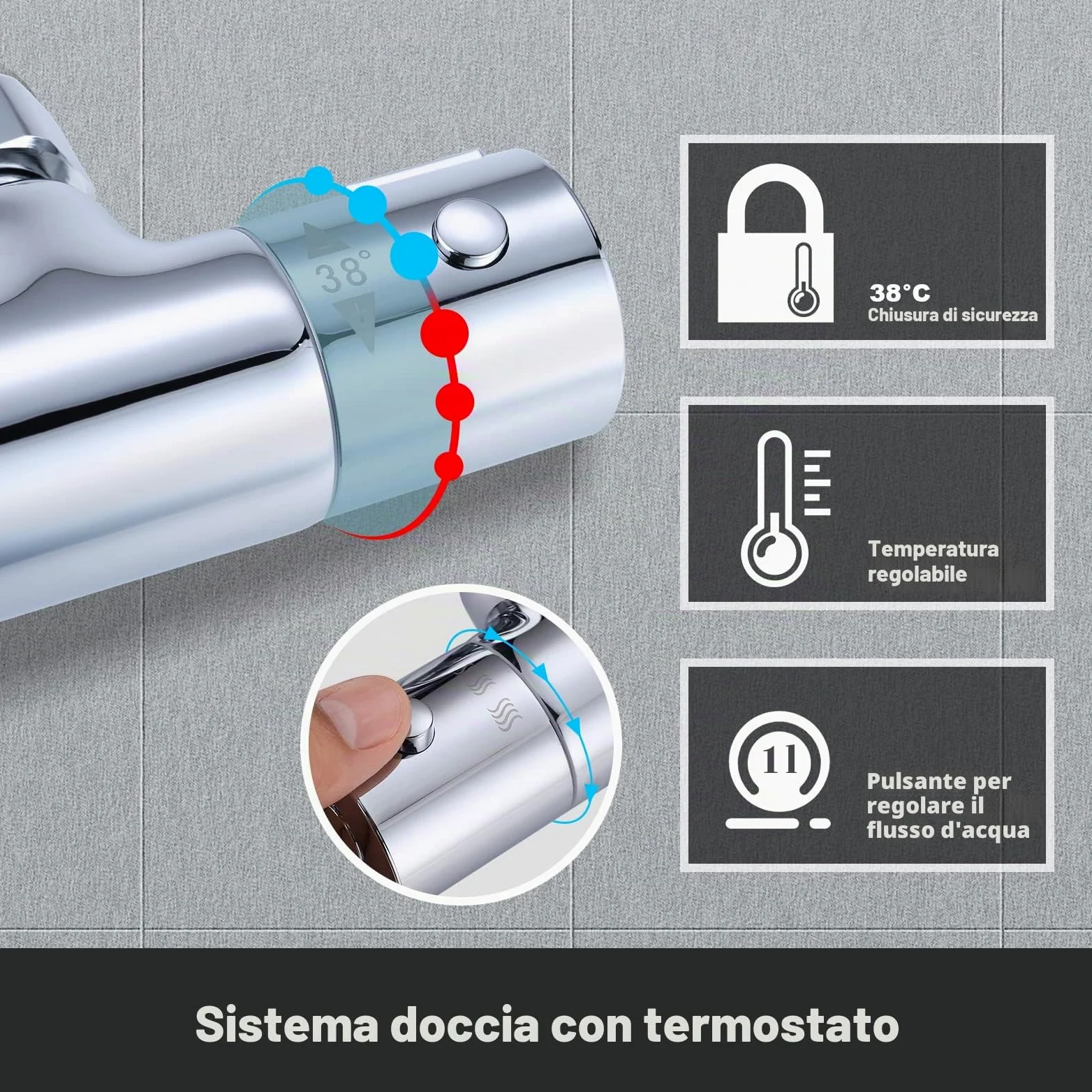 ARCORA Set Doccia Termostatico Completo, Sistema Doccia, Rame e Acciaio Inox, Miscelatore Vasca Doccia Termostatico 38℃, 3 Modalità di Erogazione, Cambio Facile Doccia-Vasca, Cromato