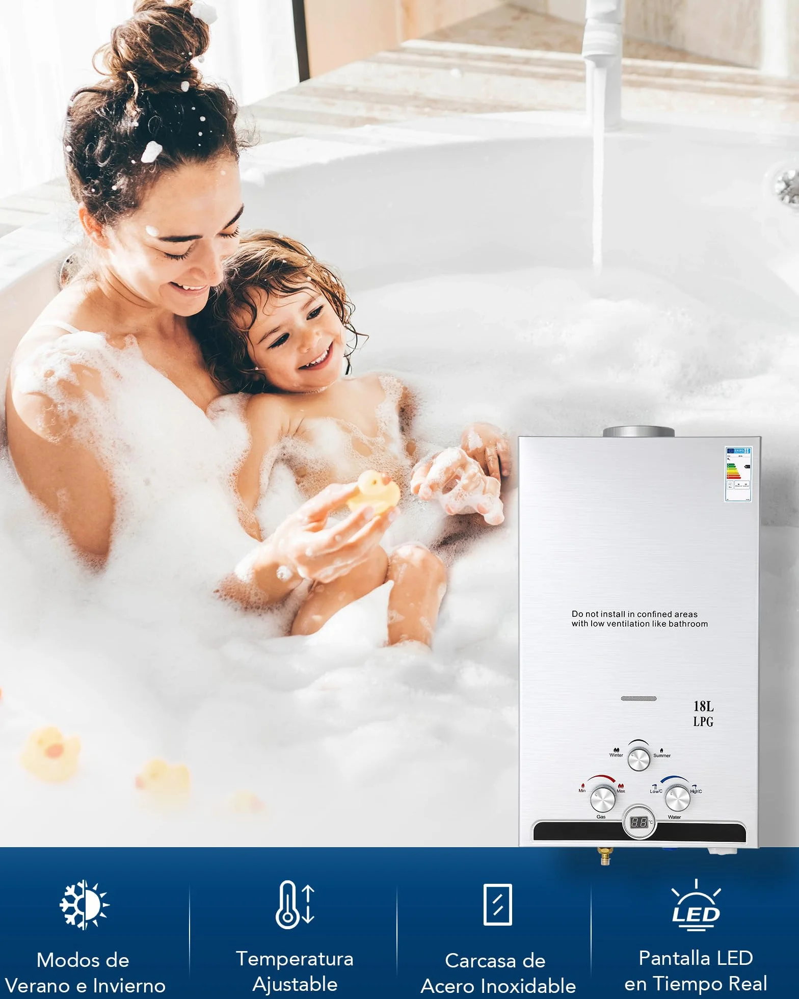 CO-Z 18L/min Scaldabagno a Gas GPL con Modalità Inverno ed Estate 30.6 kW Caldaia a Gas GPL a Parete senza Serbatoio Scaldabagno a Gas Butano con Anima in Rame e Display a LED