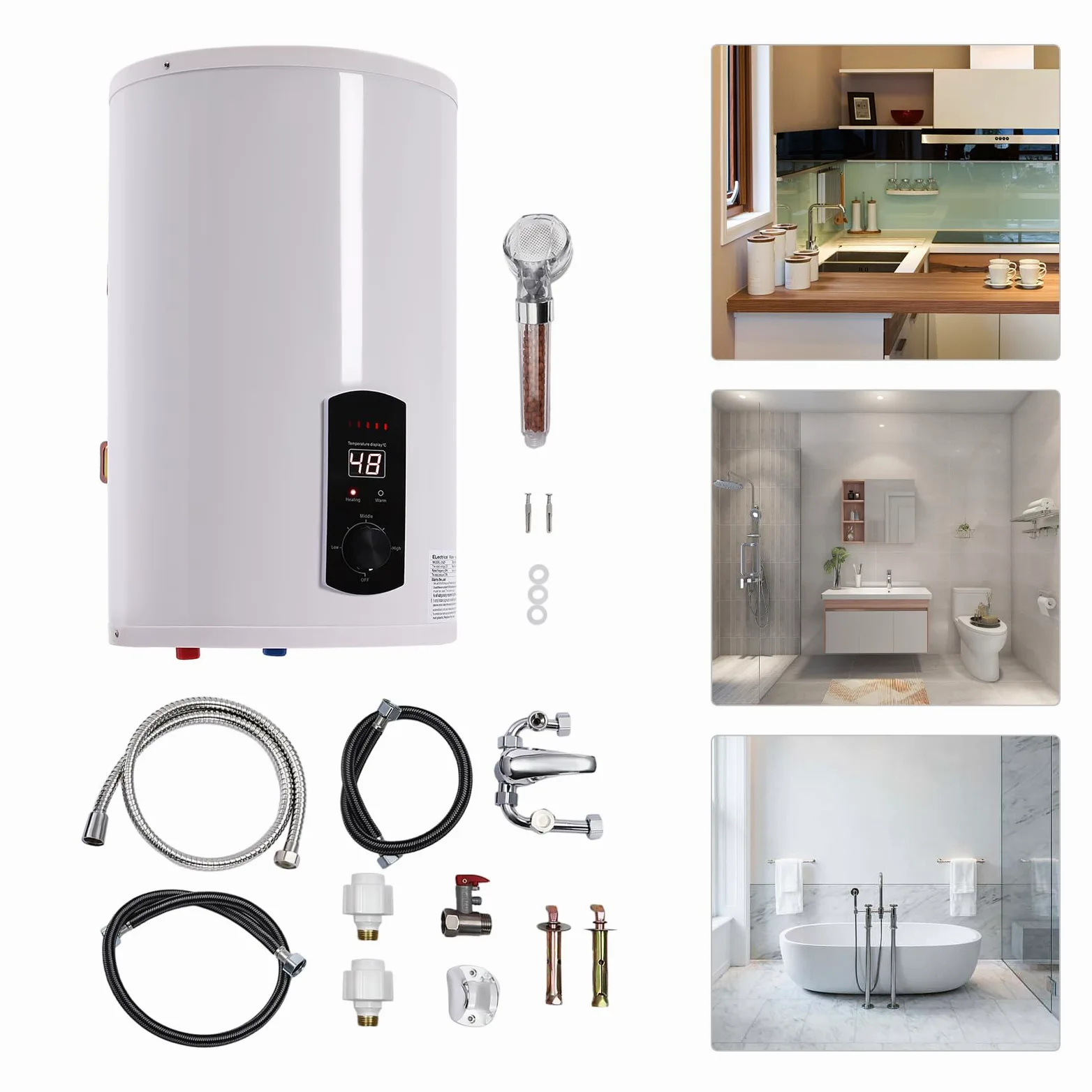 Caldaia elettrica per cellulare, shower Tap, schermo a LED, serbatoio elettrico, boiler per acqua, boiler elettrico, set da parete per acqua calda (35 L)