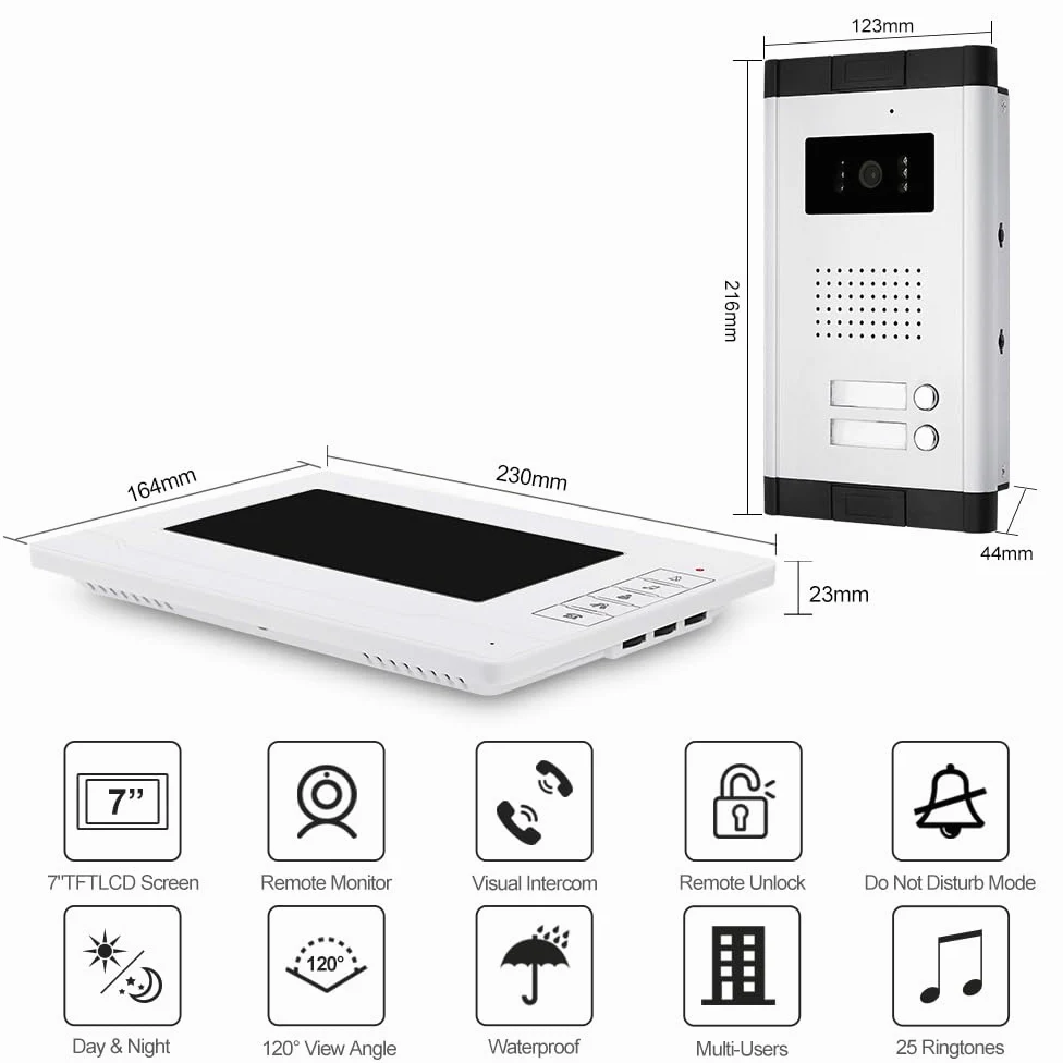Due Vie Audio Porta Video Citofono con Schermo da 7 pollici Videocitofono Citofono Campanello per Casa/Sppartamento per 2 Casa
