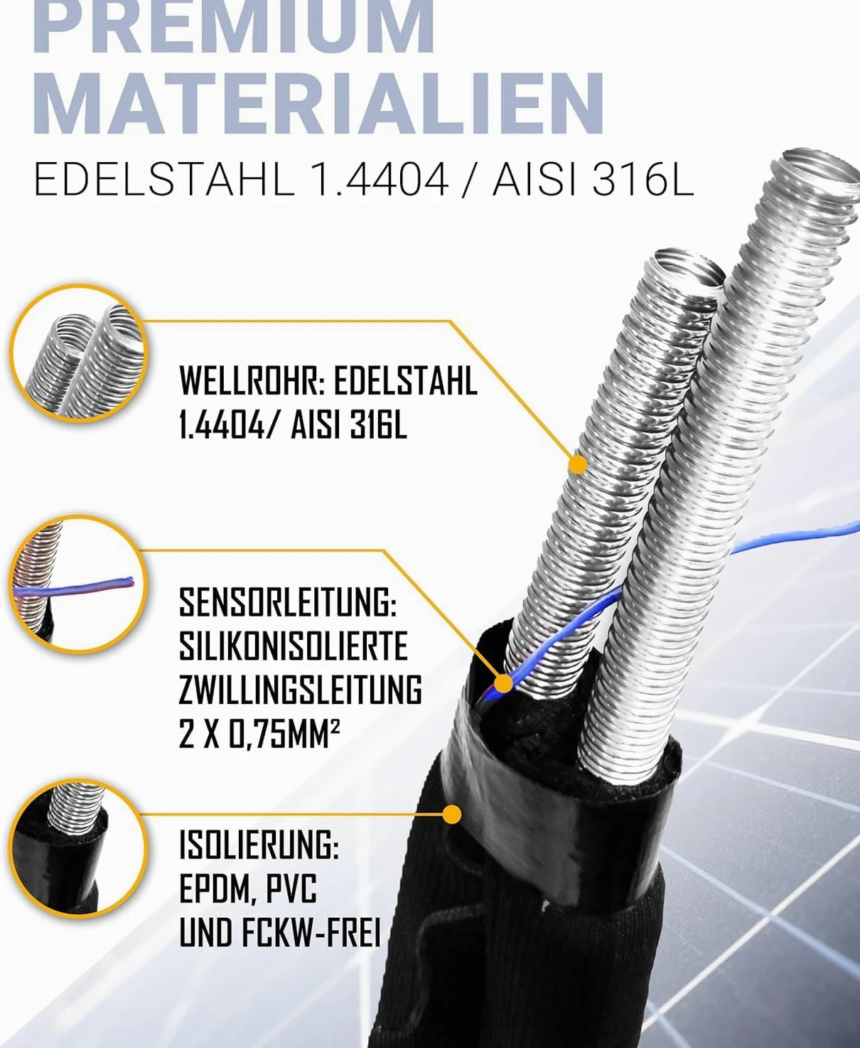 Tubo solar doppio DN16 in acciaio inossidabile con cavo sensore – Tubo solare/condotta solare per solare termico – Doppio tubo preisolato 13 mm EPDM – 3/4" dado a pressione – 5 m / 10 m / 15 m / 20 m