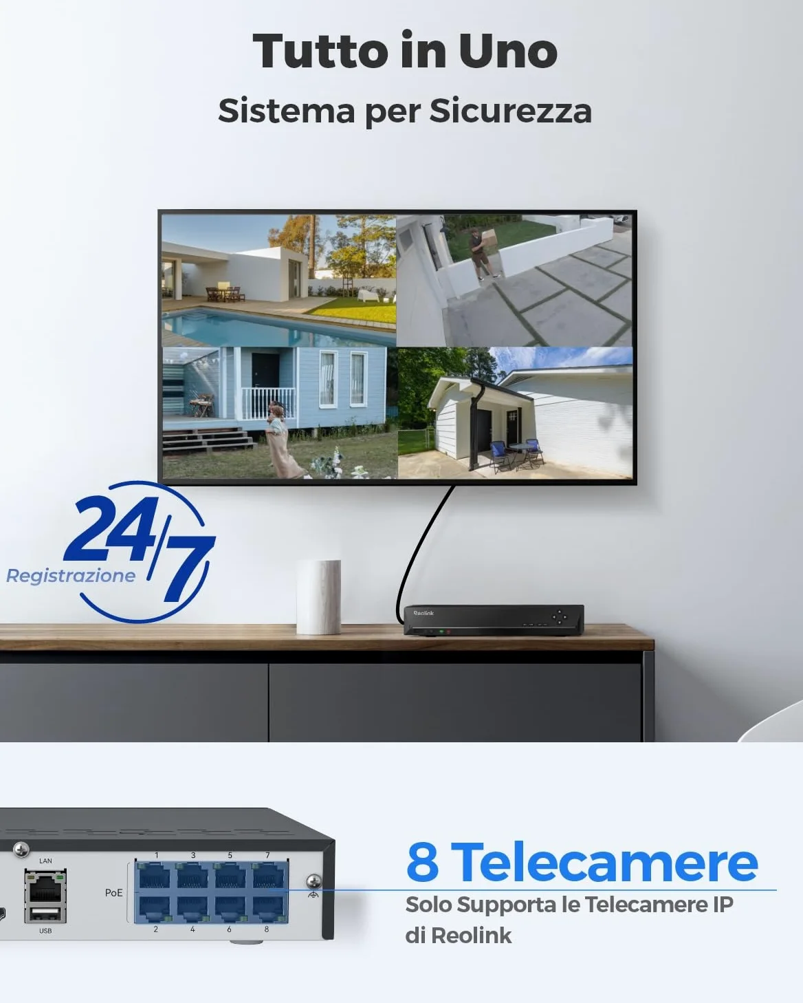 Reolink NVR PoE 8 Canali con 2TB HDD, Videoregistratore Cablato Supporta 16MP/12MP/4K/5MP/4MP, Accesso Locale e Remoto, Capacità Espandibile a 16TB, Videosorveglianza Registrazione 24/7, RLN8-410