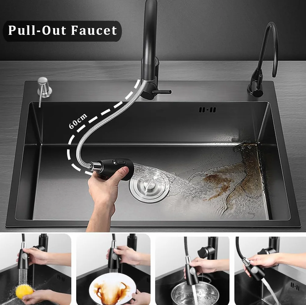 Lavandino Cucina Nero 60 x 45 cm, Lavello Cucina 1 Vasca in Acciaio Inox, Lavello Sottotop o Sopratop Con Rubinetto Estraibile/Dispenser Sapone/Scolapiatti/Rubinetto Acqua Depurata (Nero, 60x45cm)