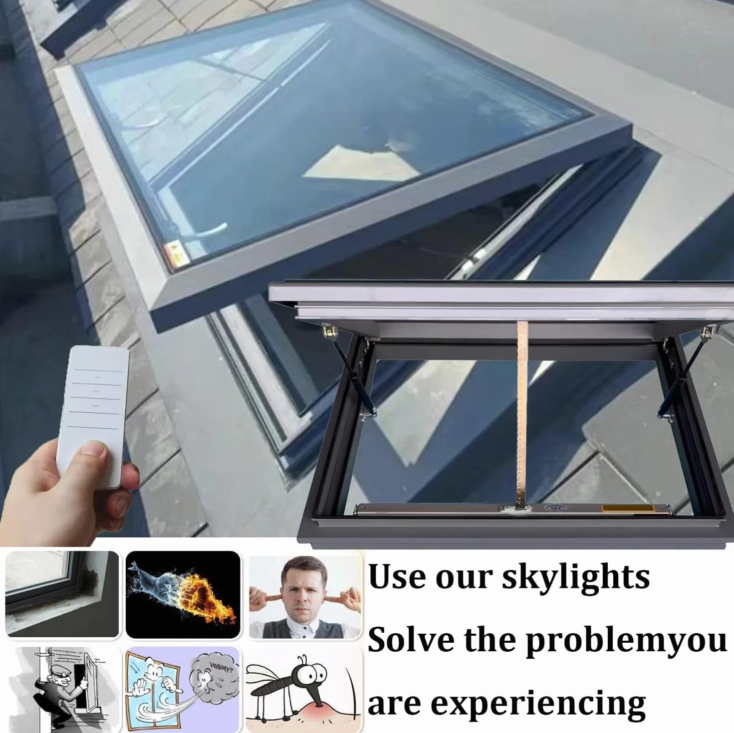 Lucernario Elettrico in Alluminio con zanzariere, Design Impermeabile per Illuminazione e Ventilazione in tetti, soffitte, scantinati
