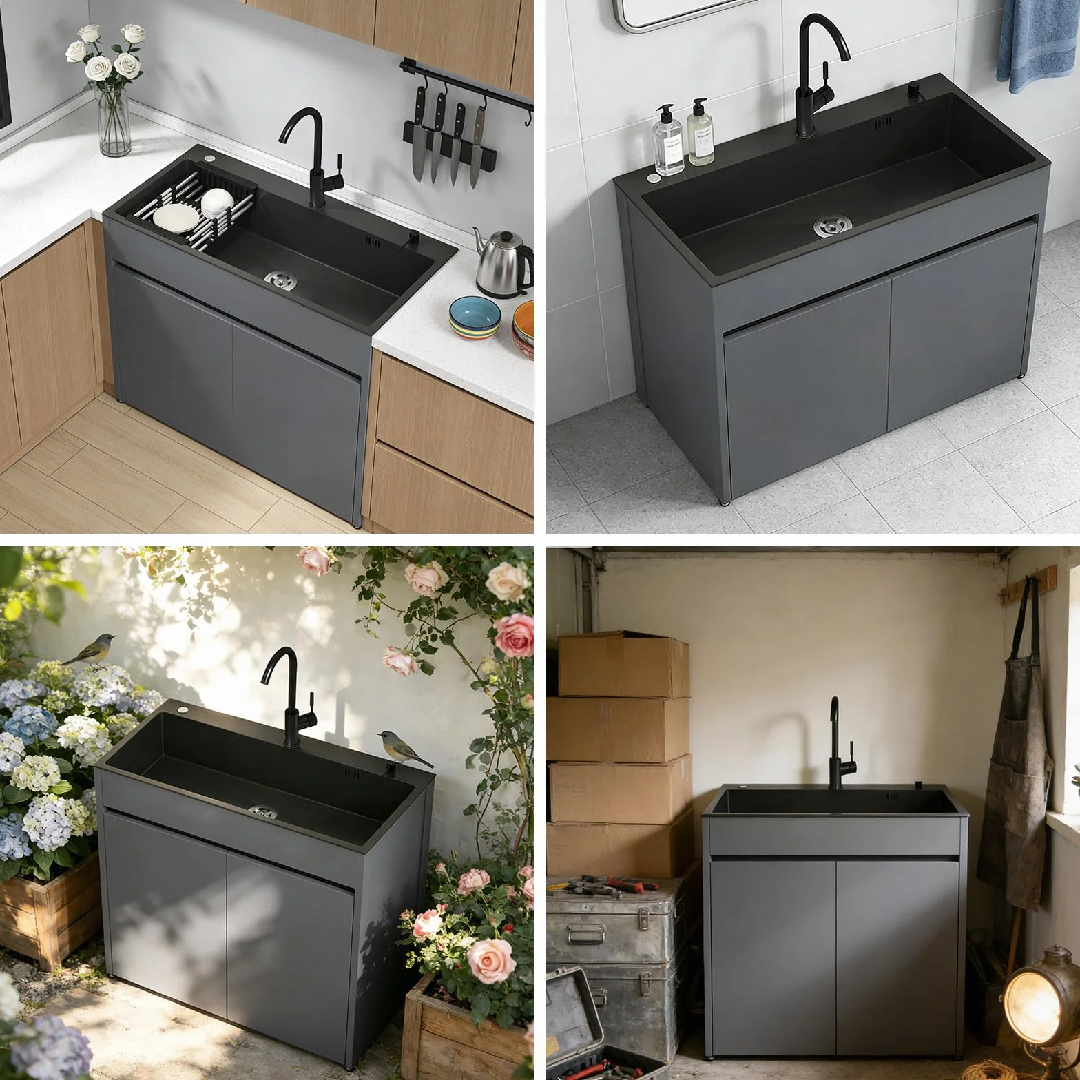 Lavabo Indipendente in Acciaio Inox con Rubinetto Estensibile e Tubi Dell'acqua Calda e Fredda, Lavello da Cucina con Armadio Contenitore e Scolapiatti per Esterni, Interni, 68 CM/80 CM
