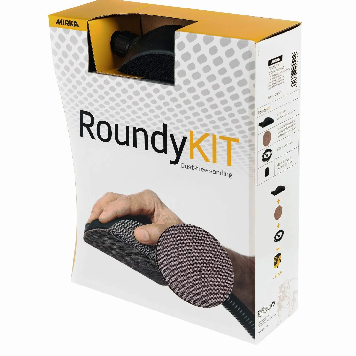 Mirka Roundy Kit Blocco manuale con aspirazione/blocco di levigatura con a strappo incl. tubo di aspirazione da 4 m e 15x dischi abrasivi Mirka Abranet net a strappo Ø 150 mm grana P120 P180 P240