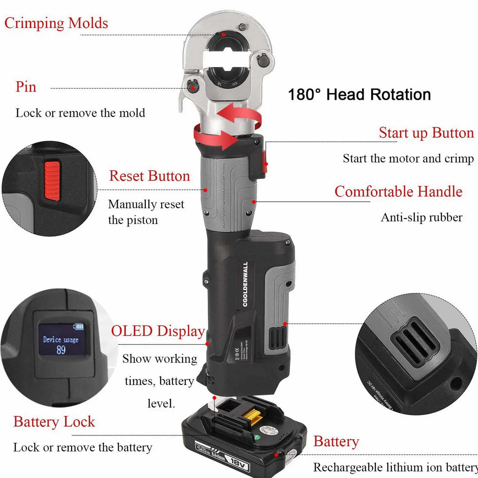 Pinze a crimpare idrauliche elettriche ricaricabile con display digitale OLED Crimpatrice per capicorda per cavi idraulici da 16-300 mm²