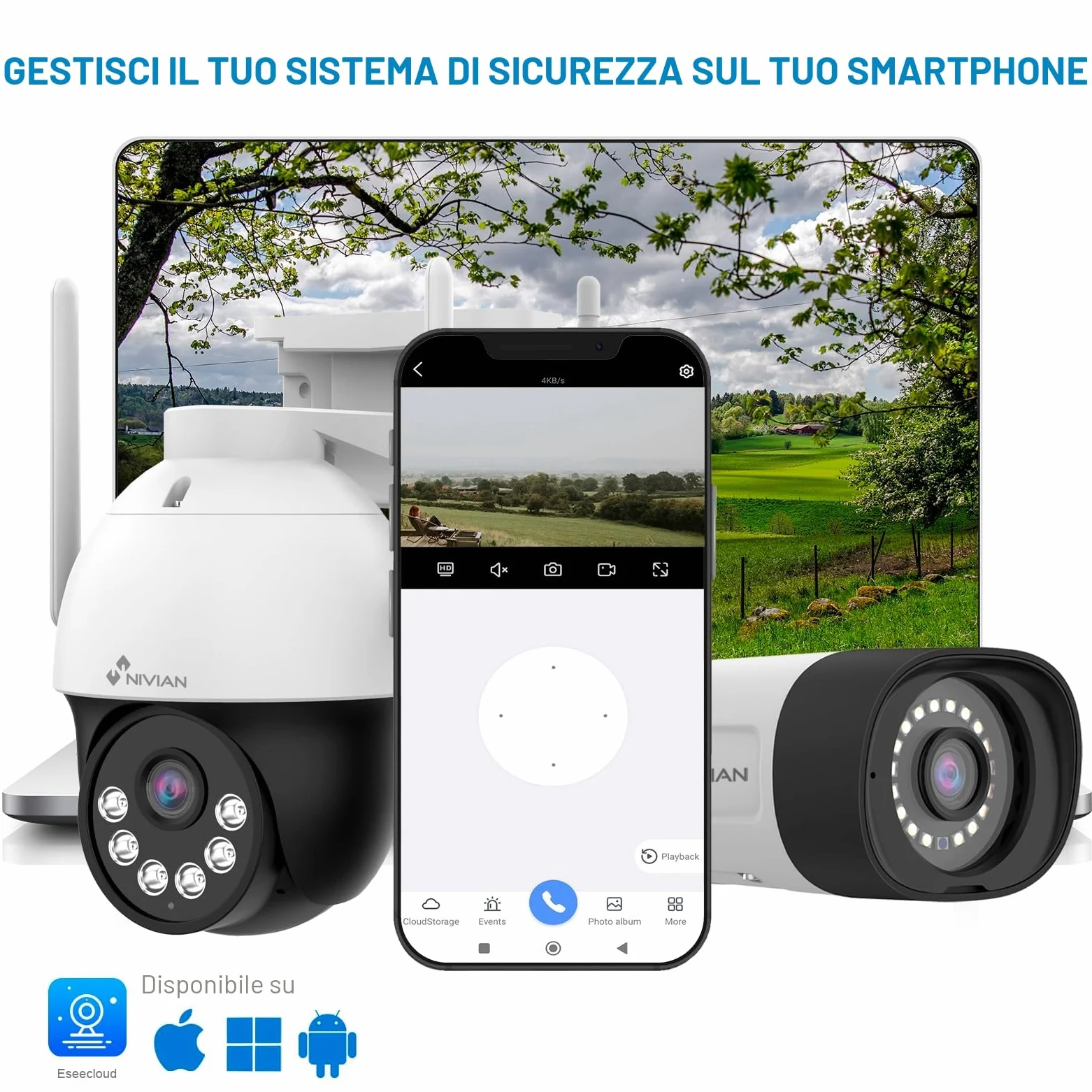 NIVIAN Kit Videosorveglianza WiFi Professionale 2K con 6 Telecamere IP PTZ, NVR 10 Canali, Immagini Super HD, IA Rilevamento Umano, Visione Notturna, Audio, HDMI, App EseeCloud, Registrazione 24/7 HDD
