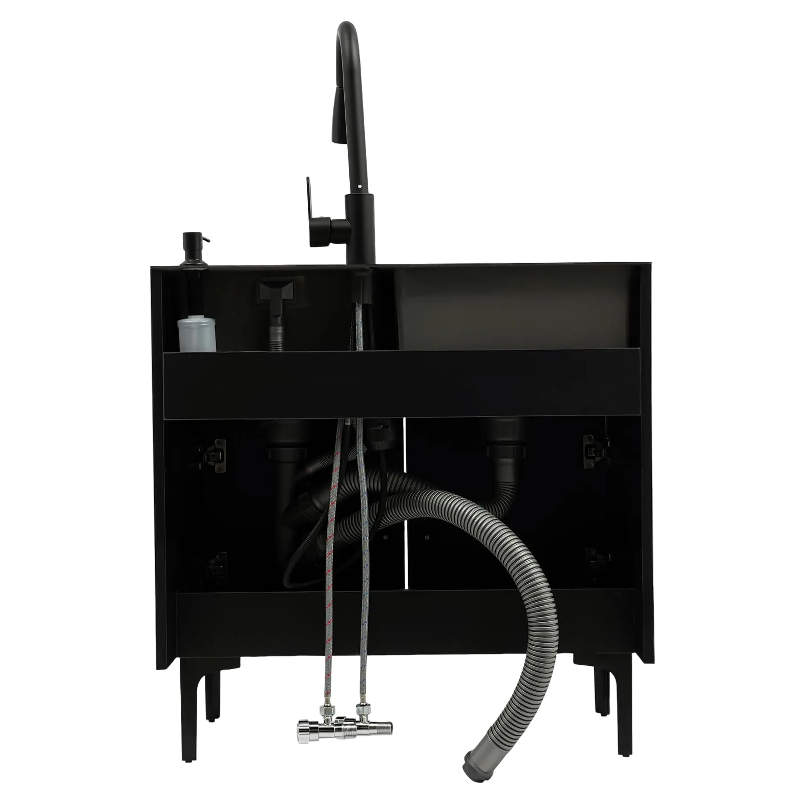 Lavello da cucina autoportante in acciaio inox con 2 vasche da 75 x 41 cm, lavello nero con rubinetto estraibile e mobiletto inferiore, per cucina domestica, giardino, esterni, lavanderia