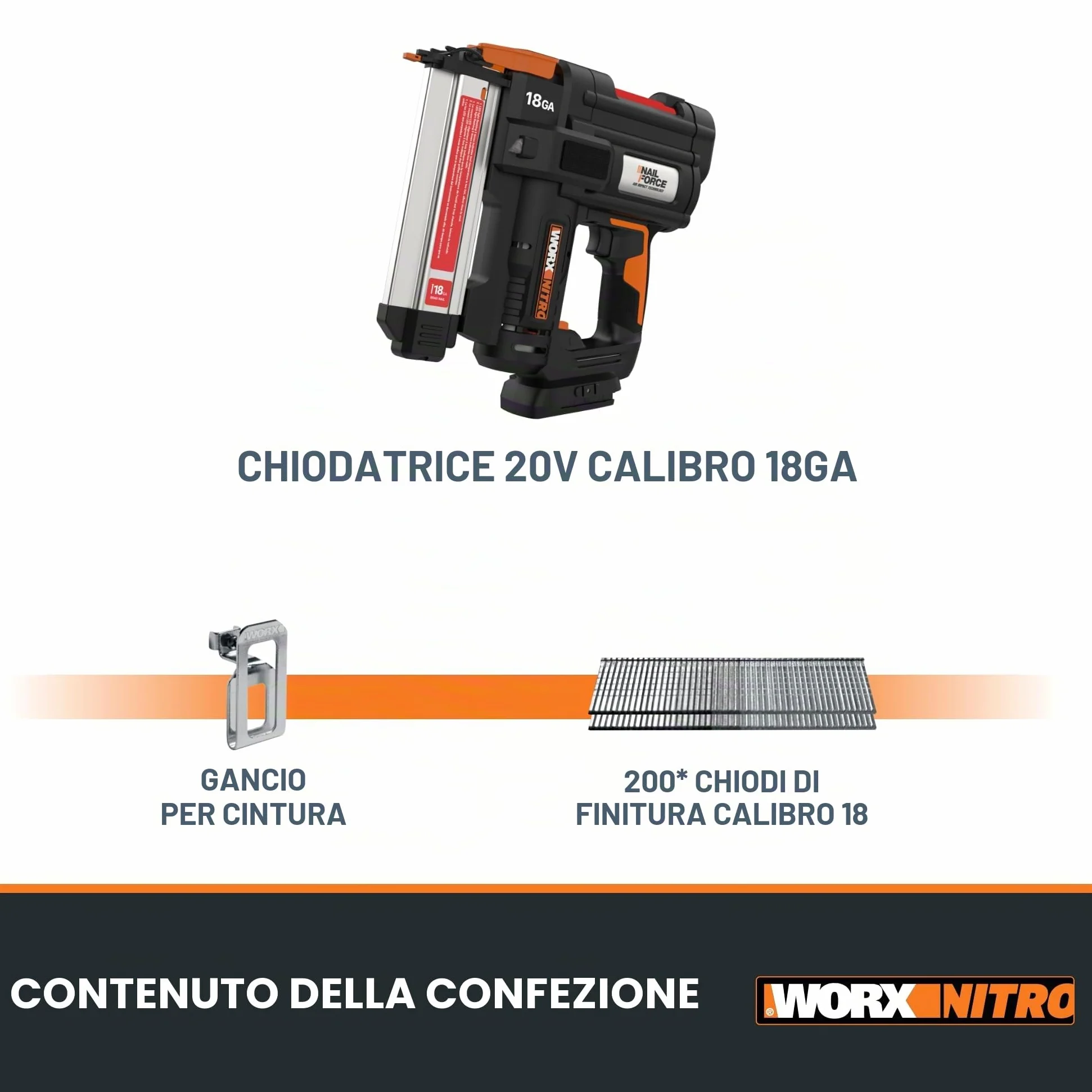 WORX NITRO WX842.9 Chiodatrice a batteria 20 V 18 GA – 80 chiodi/min – per chiodi da 15 – 50 mm – senza fili ad alta efficienza – risoluzione di inceppamento senza attrezzi
