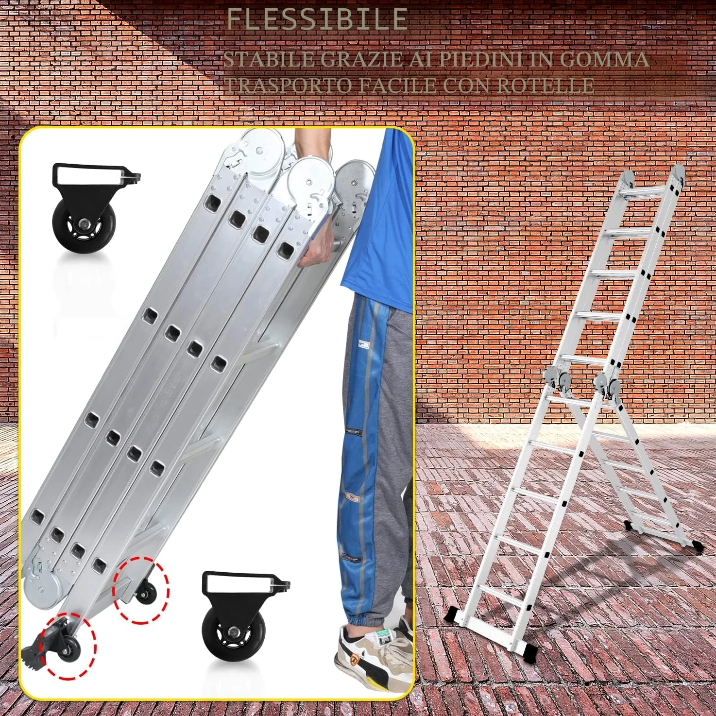 4 x 5 Scala multiuso pieghevole da 582 cm, 7 in 1 Scala Multifunzionale Alluminio con 2 piattaforma + Doppia puleggia, fino a 150 kg