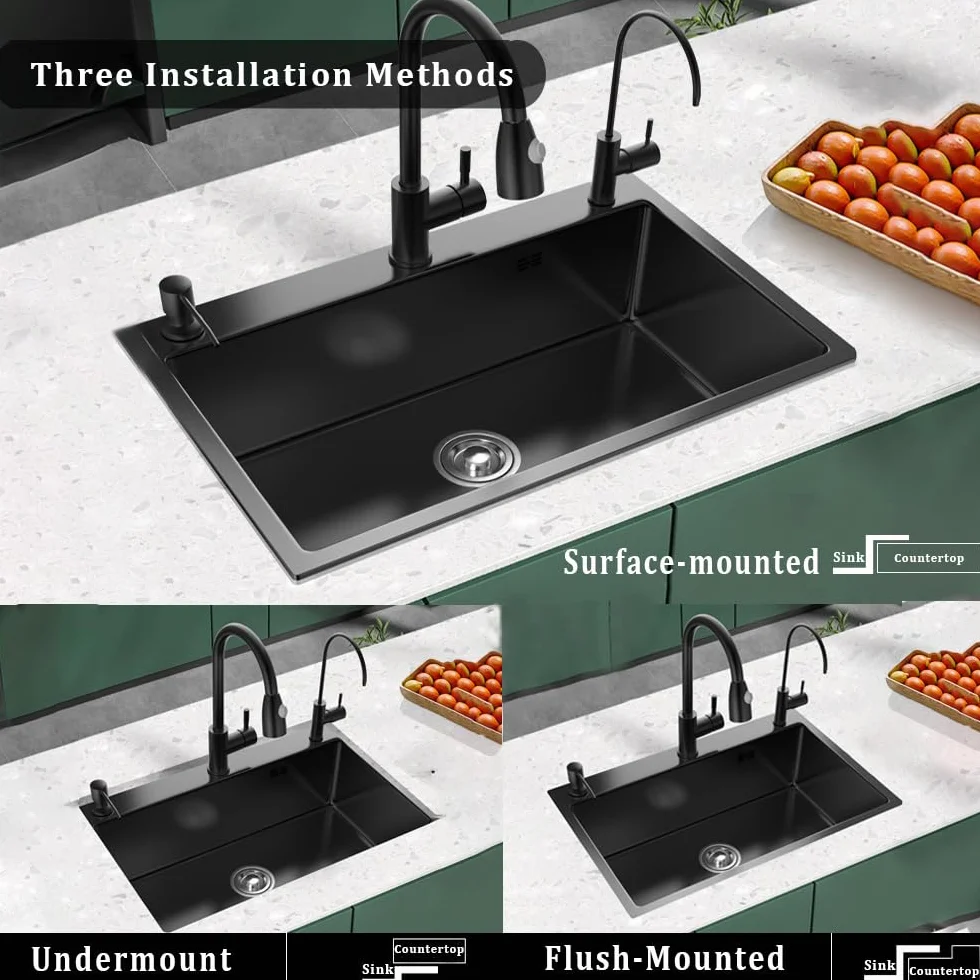 Lavandino Cucina Nero 60 x 45 cm, Lavello Cucina 1 Vasca in Acciaio Inox, Lavello Sottotop o Sopratop Con Rubinetto Estraibile/Dispenser Sapone/Scolapiatti/Rubinetto Acqua Depurata (Nero, 60x45cm)
