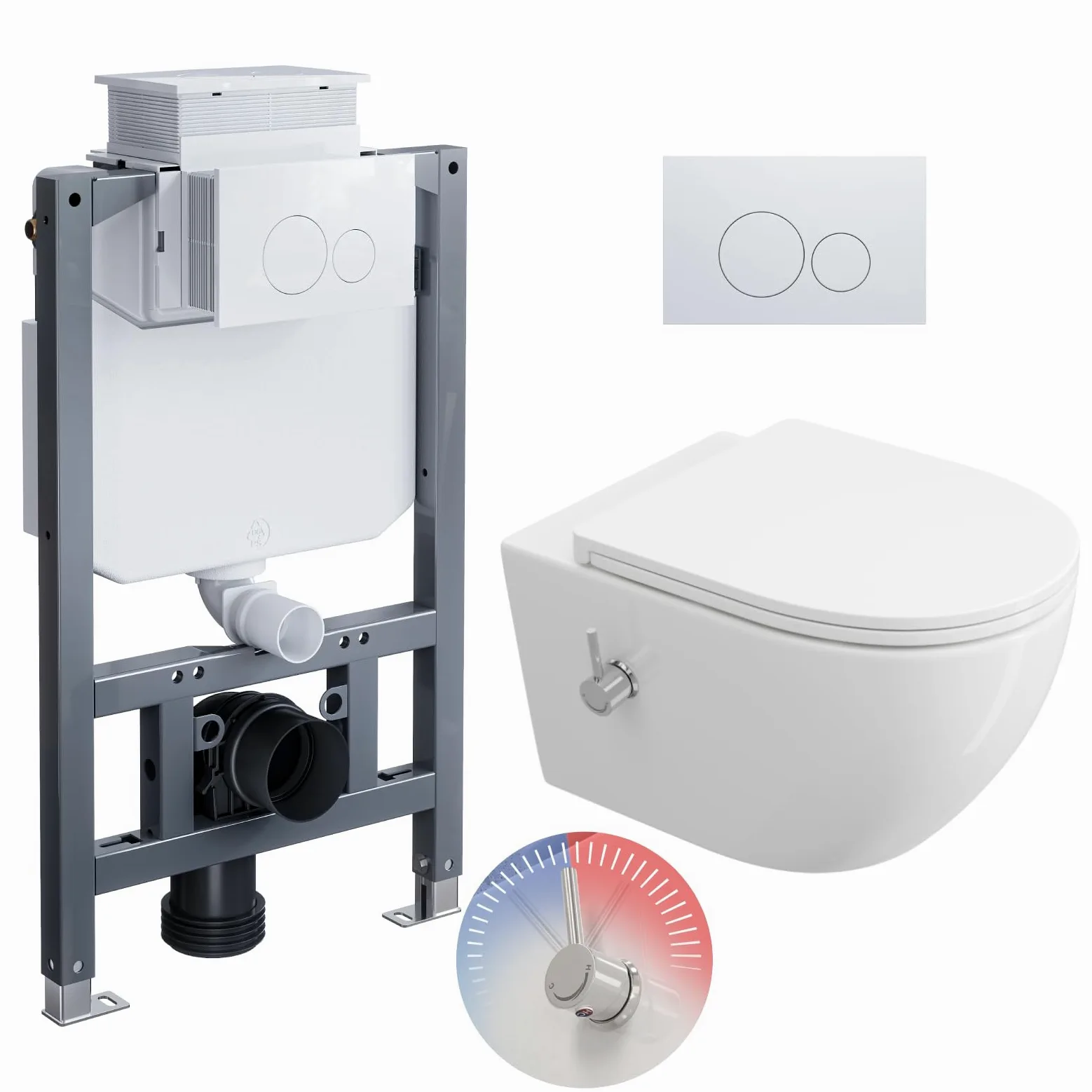 HOROW WC doccia con cassetta di risciacquo a incasso, set completo WC con elemento a parete anteriore con placca di comando, WC sospeso senza bordo con ugello integrato, WC doccia con rivestimento