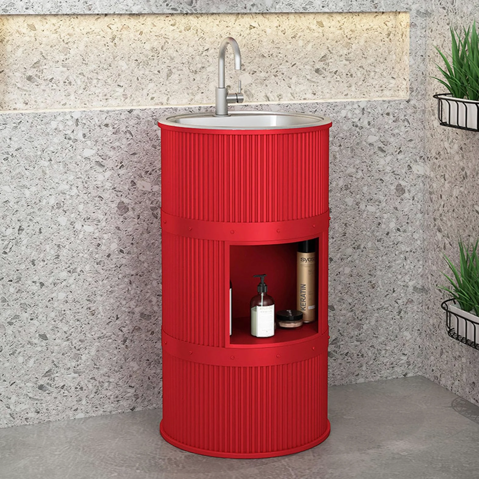 Lavandino a Colonna Moderno in Ferro Battuto, Mobile da Bagno con Lavabo in Acciaio Inox, Lavandino su Piedistallo Freestanding Set con Rubinetto e Scarico (con contenitore,Rosso)