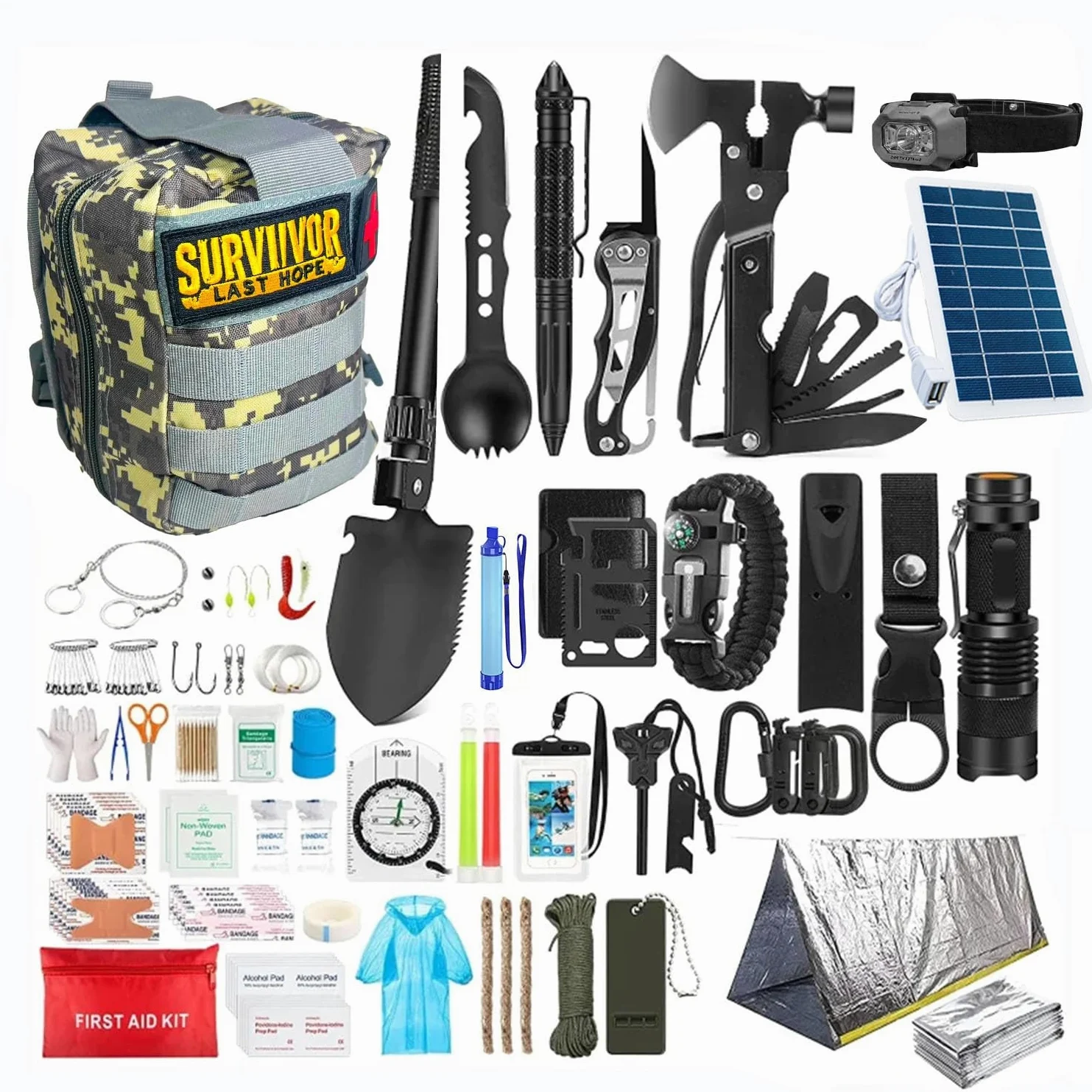 Kit di Sopravvivenza Avanzato – Kit di Emergenza con 20 Strumenti Multifunzione e Più di 60 Articoli di Primo Soccorso – Estremamente Completo – Pratico - Leggero