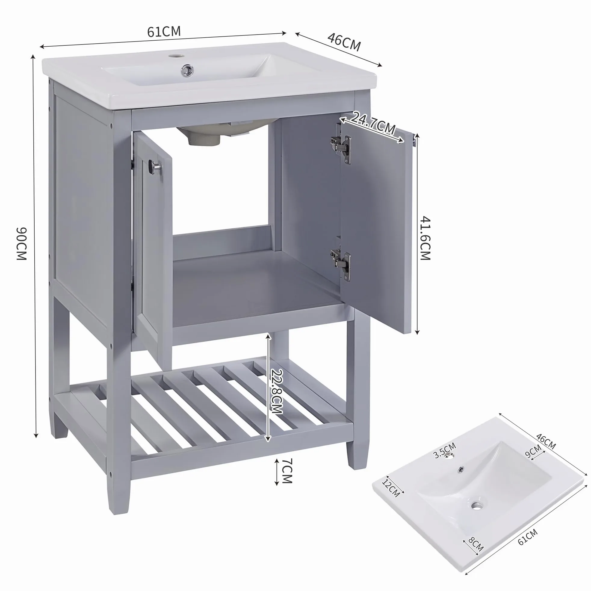 Mobile da bagno singolo con base 60 cm con lavabo in ceramica, grigio chiaro
