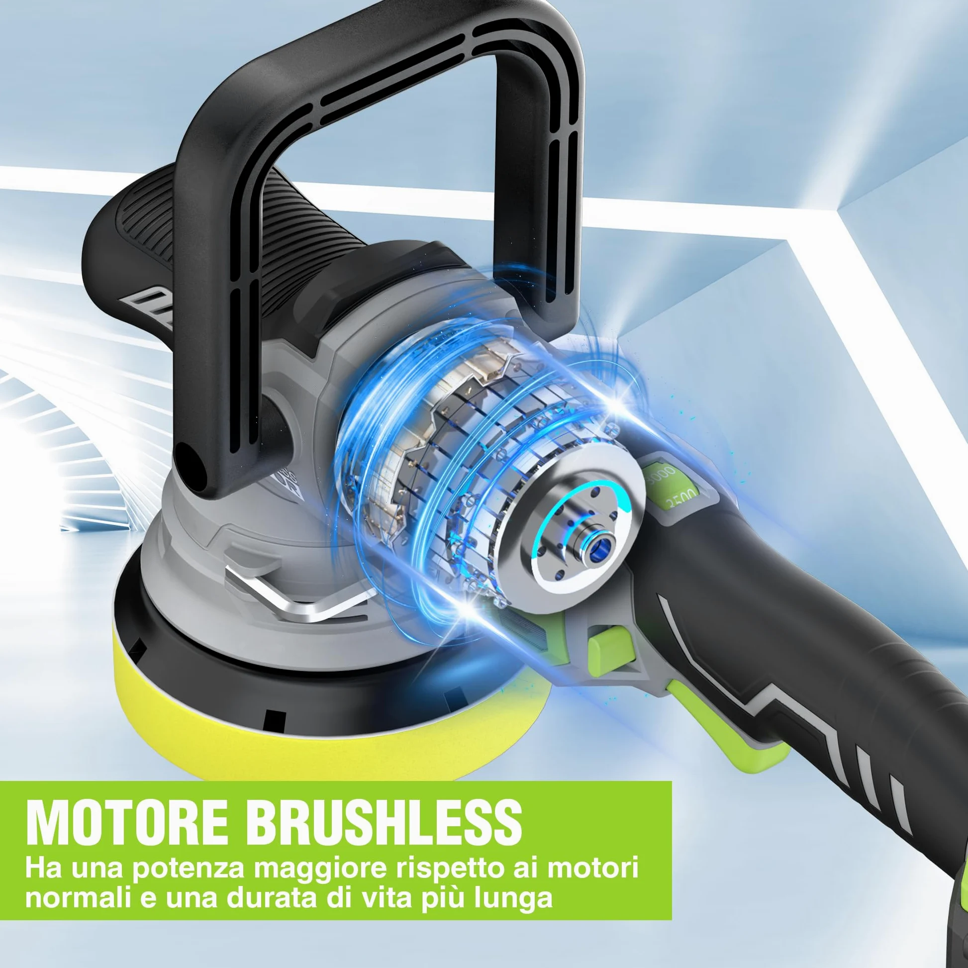 WORKPRO Lucidatrice per Auto 20V, Lucidatrice Orbitale a Doppia Azione, 7 Velocità (2000-5000 Giri/Min), Impugnatura a D Rimovibile, con Borsa, per Lucidare Auto, Pavimenti, Piastrelle, Mobili