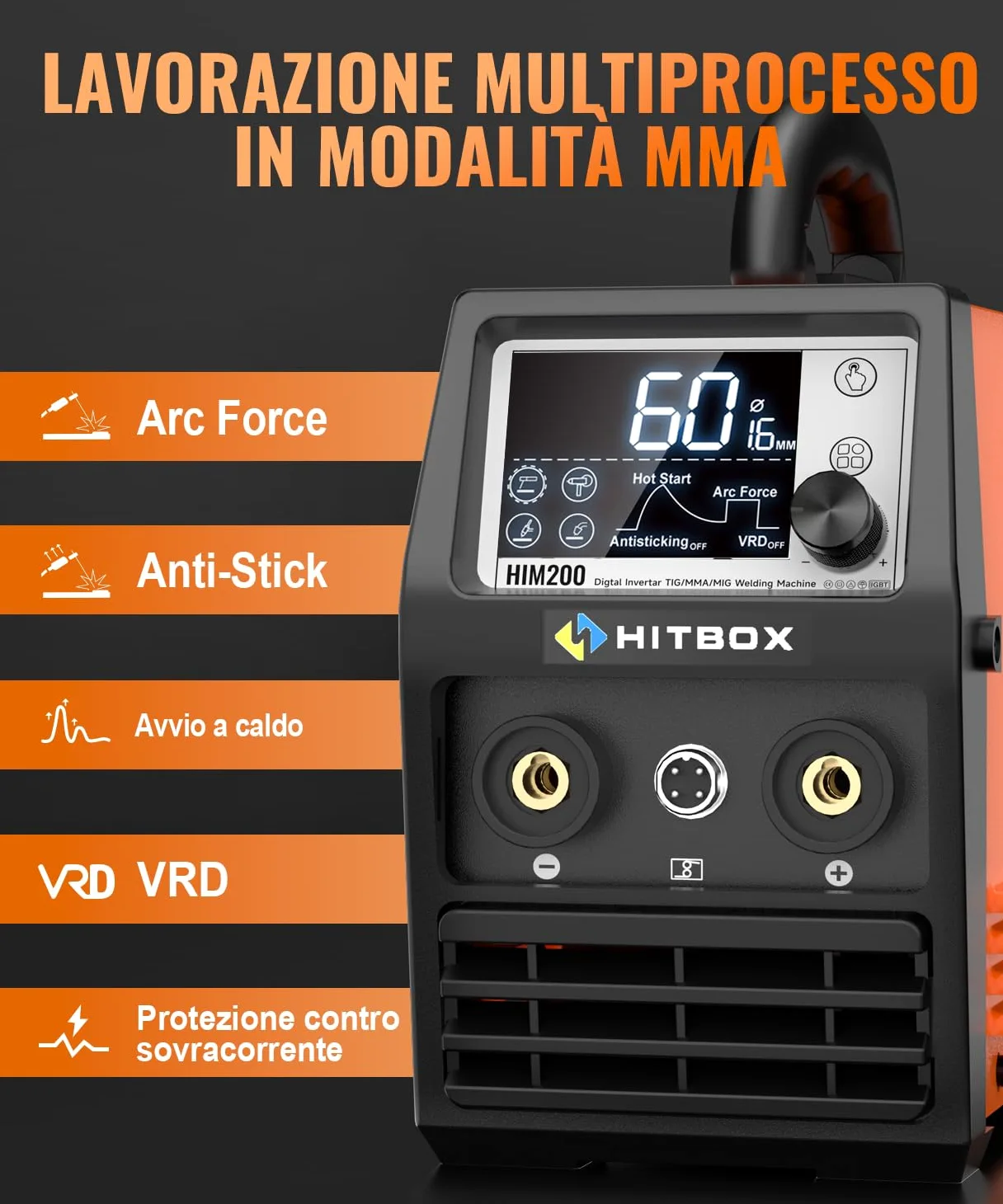 HITBOX Saldatrice a Filo 200A 4-in-1 Portatile - 230V MIG Senza Gas, ARC, LIFT TIG, Spool Gun, LED Display Digitale, Ideale per Principianti e Hobby(HIM200)