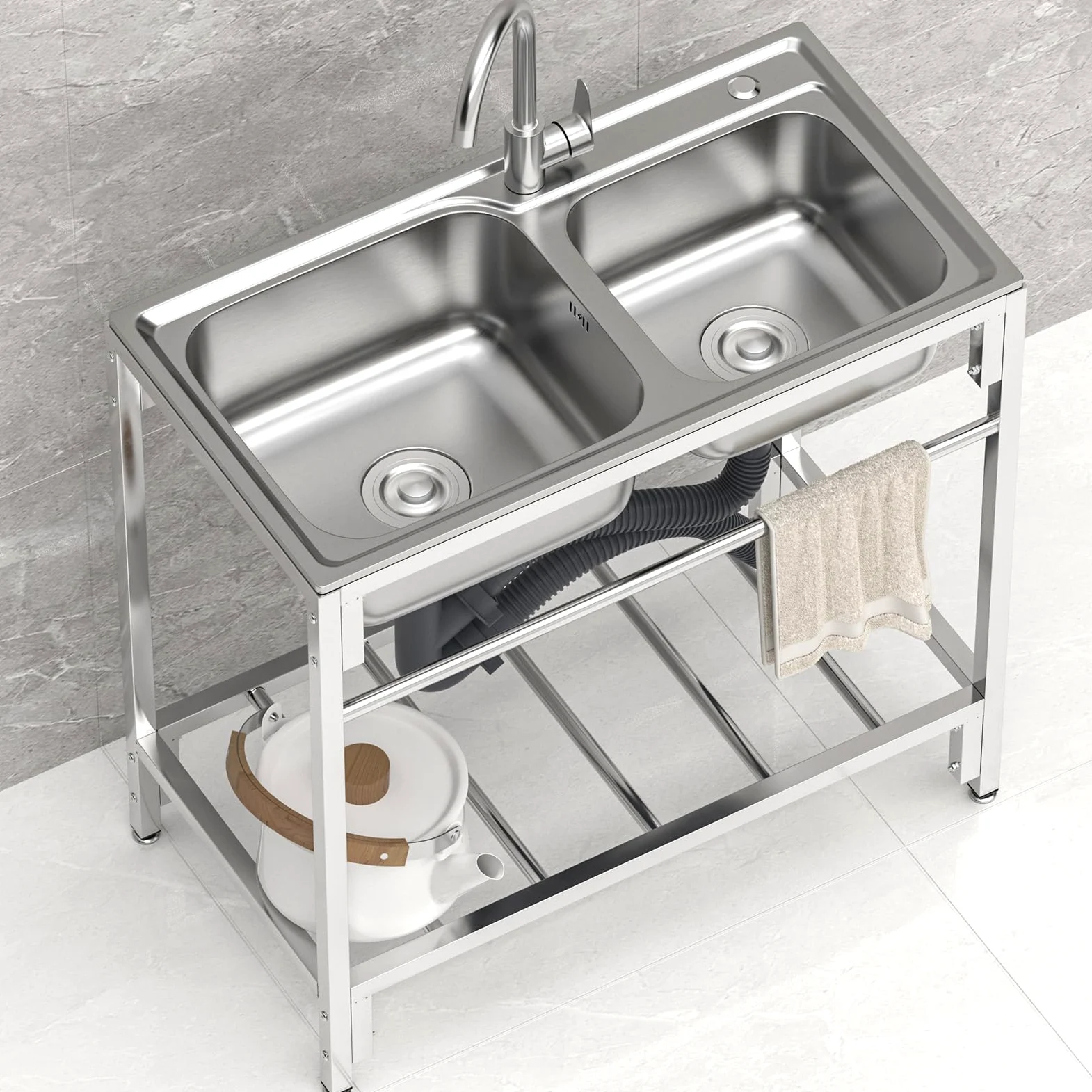 Lavello da cucina a doppia vasca, in acciaio inox 304, con ripiano portaoggetti, lavello autoportante per esterni, con rubinetto, per lavanderia, 83 x 44 x 85 cm
