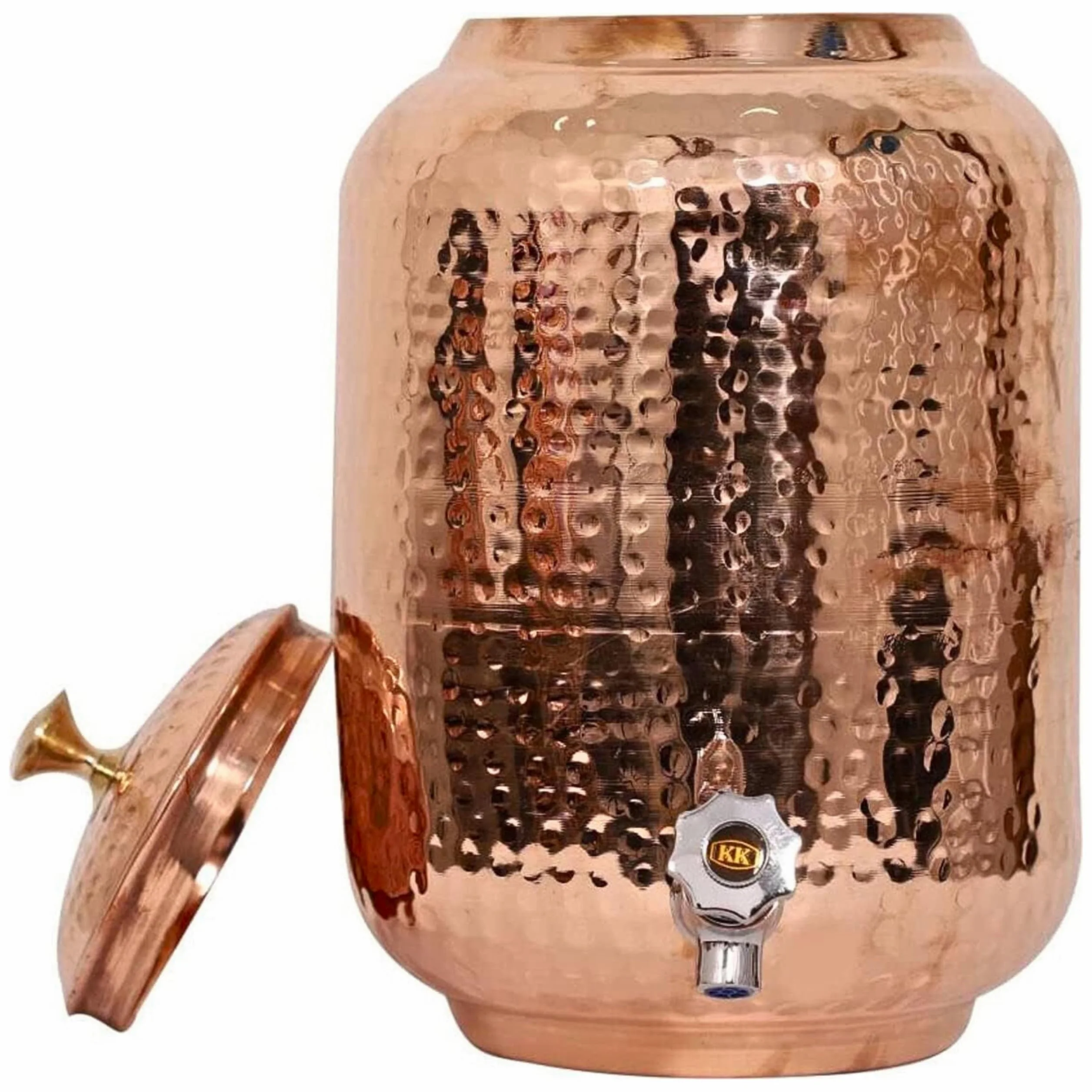 Dispenser d'acqua in rame puro, capacità 8 l, finitura martellata, benefici per la salute ayurvedica, include 2 bicchieri abbinati e 1 bottiglia di rame, bicchieri artigianali per guarigione e
