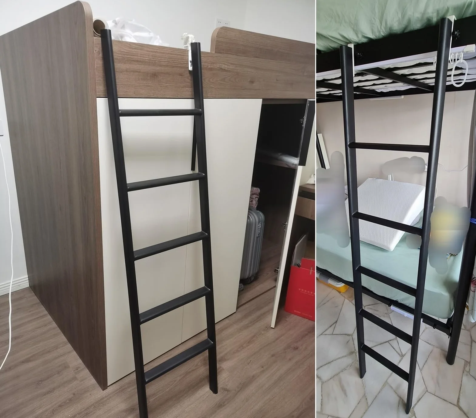 Scala a pioli per Letto a Castello sostituibile da Pavimento, 116/130/140/150/160 cm, Solo Scala per Letto Singolo Corto, scaletta in Metallo Nero per soppalco, dormitorio (116 cm