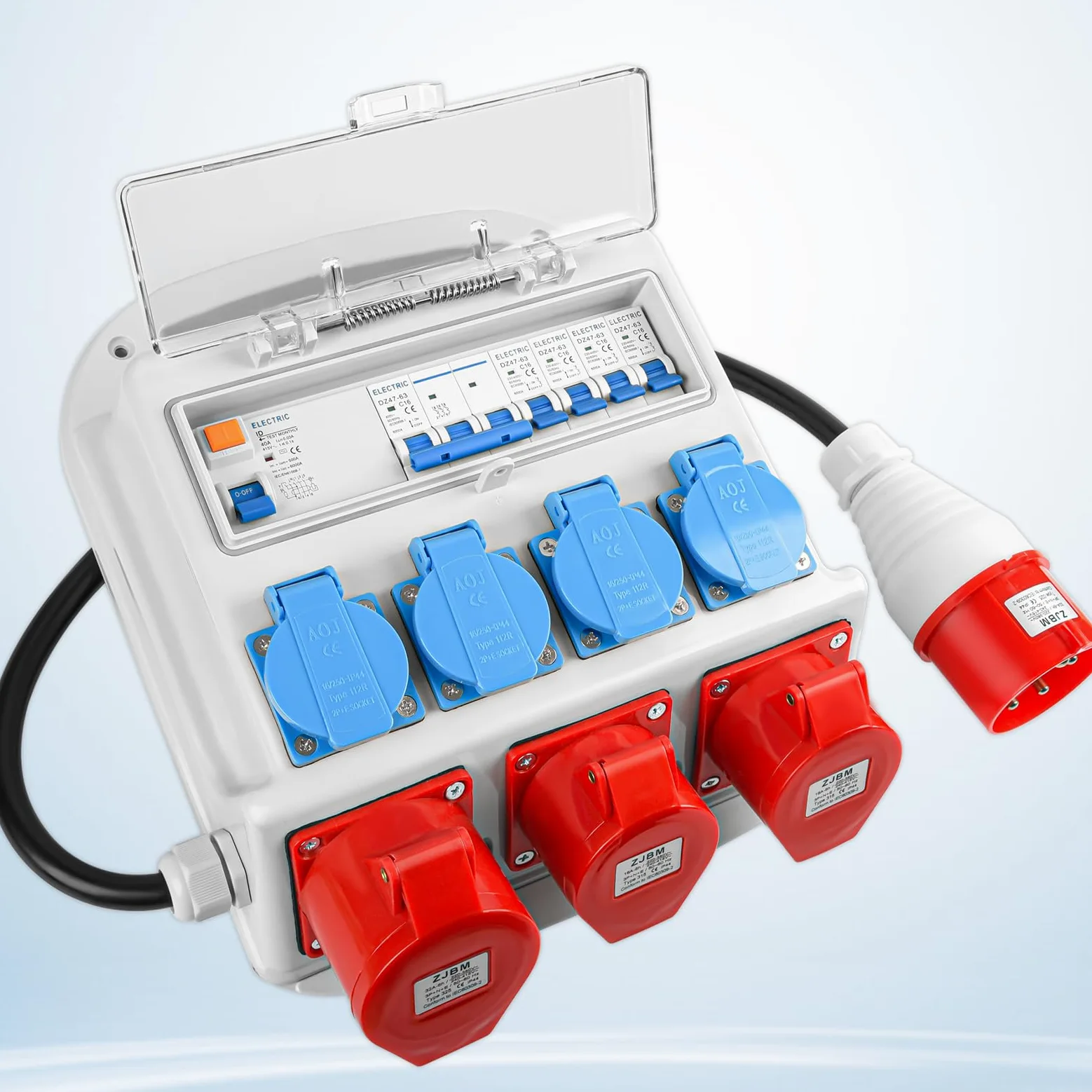 Distributore di corrente da parete, completamente cablato con 4 x 230 V Schuko, CEE 16 A e 32 A, interruttore FI, interruttore LS, alloggiamento impermeabile IP67, per esterni e officine